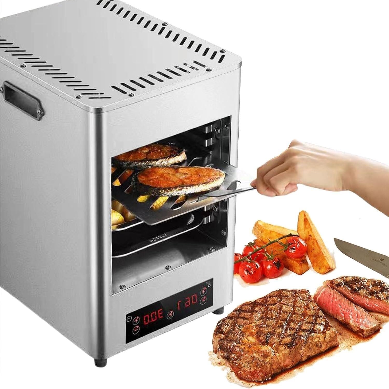 Portable Countertop Oven，Commercial Broiler 1700w,8 Layer Grill,Stainless Steel Meat Veggies Grill Max Heats up to 800,Adjustment 30min Timing,(Gray)