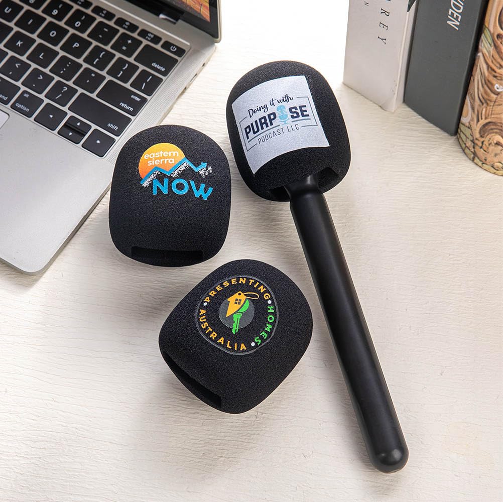 Lot de 2 bonnettes en mousse personnalisées pour microphone avec logo photo imprimé - Protège-microphones à fente rectangulaire pour prise en main - Pare-vent imprimés pour microphones de