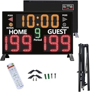 LED Digital Scoreboard, Electronic Basketball Scoreboard with Remote Control, Portable Score Keeper with Timer Clock, Adjustable 5 Levels Brightness, Buzzer Prompt, for Outdoor Game