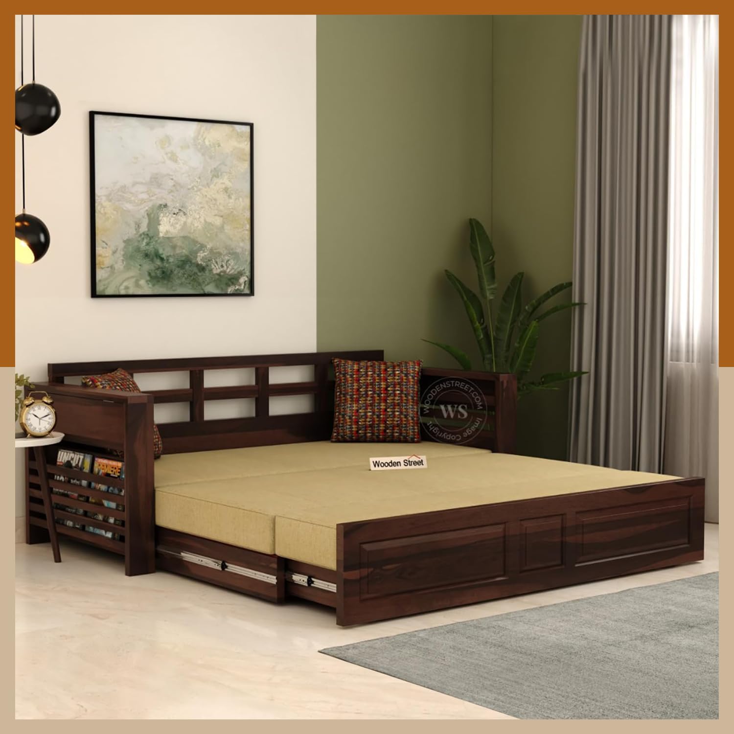WoodenStreet™ Calder King Size Sheesham Wood 3 Seater Sofa Cum Bed with Mattress, Storage and Side Pocket for Living Room Wooden Furniture Sofa Bed for Home (Walnut Beach Cream) (B0DHQNBS6D) Amazon Price History, Amazon Price Tracker