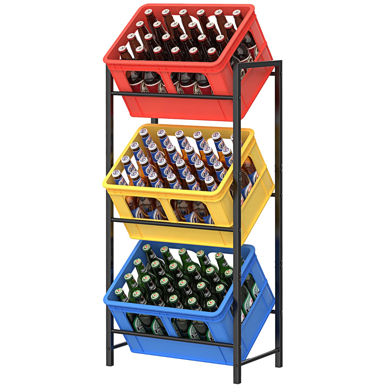 WELDUN Getränkekistenregal für 3 Getränkekisten, Meatll Kistenregal mit 3 Ebenen für Bier, Obst, Gemüse, Wasser, Tragfähigkeit 90KG