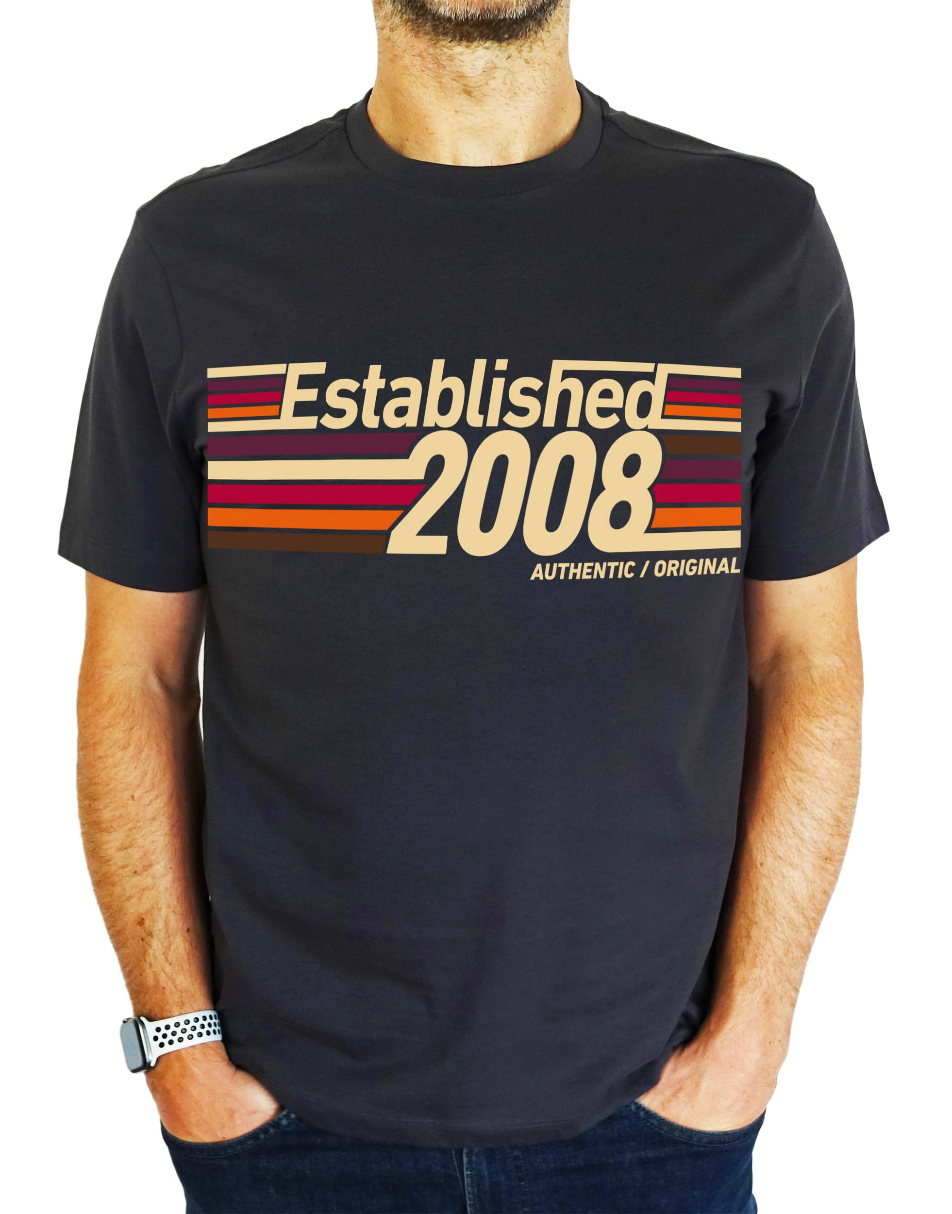 My Generation Gifts Men's Charcoal Grey 2008 Established Retro Stripes - 18Th Birthday Gift | Present T-Shirt Xl