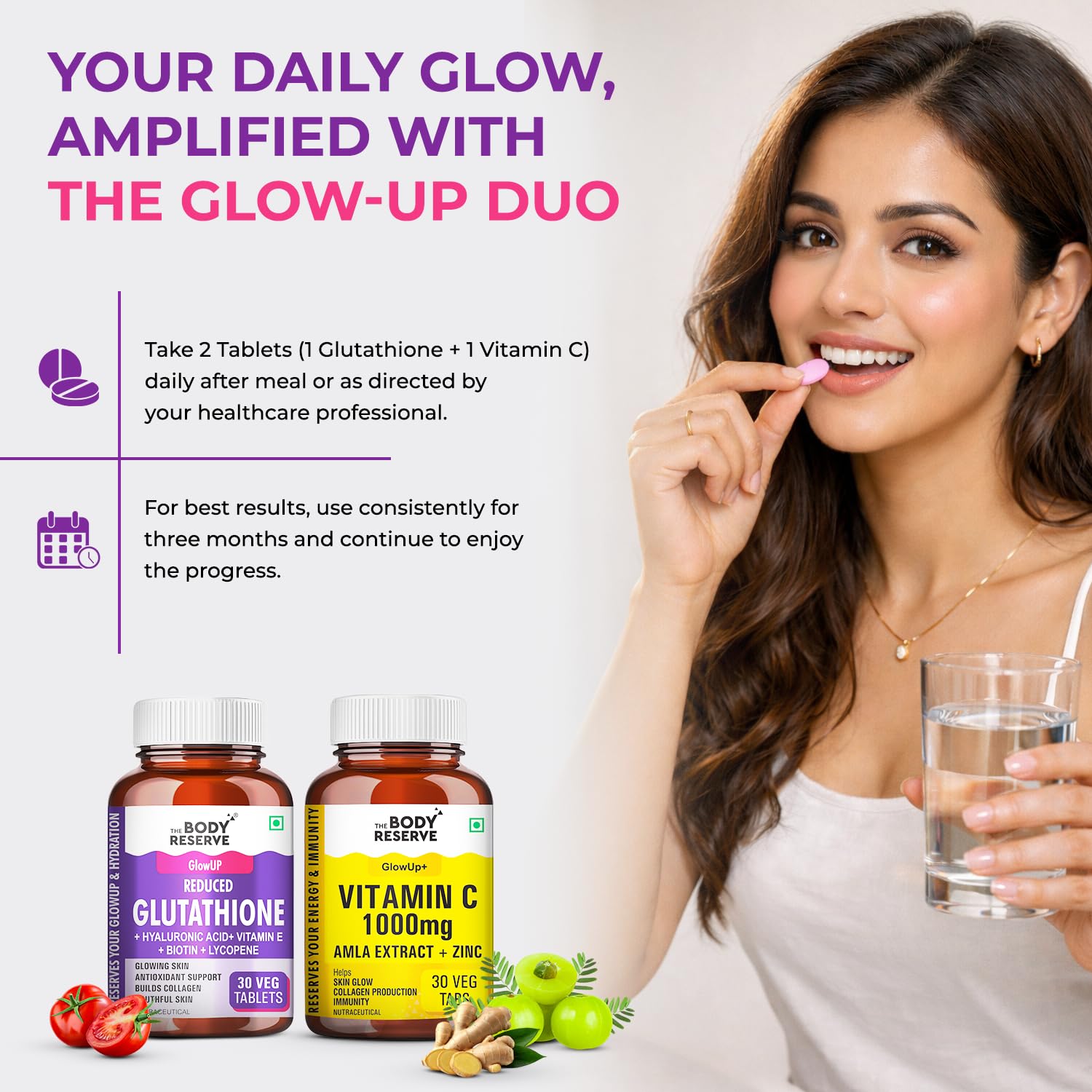 The Body Reserve Japanese Reduced L-Glutathione 500mg with Vitamin C & Amla Extract | Skin Brightening Supplement | 30+30 Veg Capsules — Amazon image 6