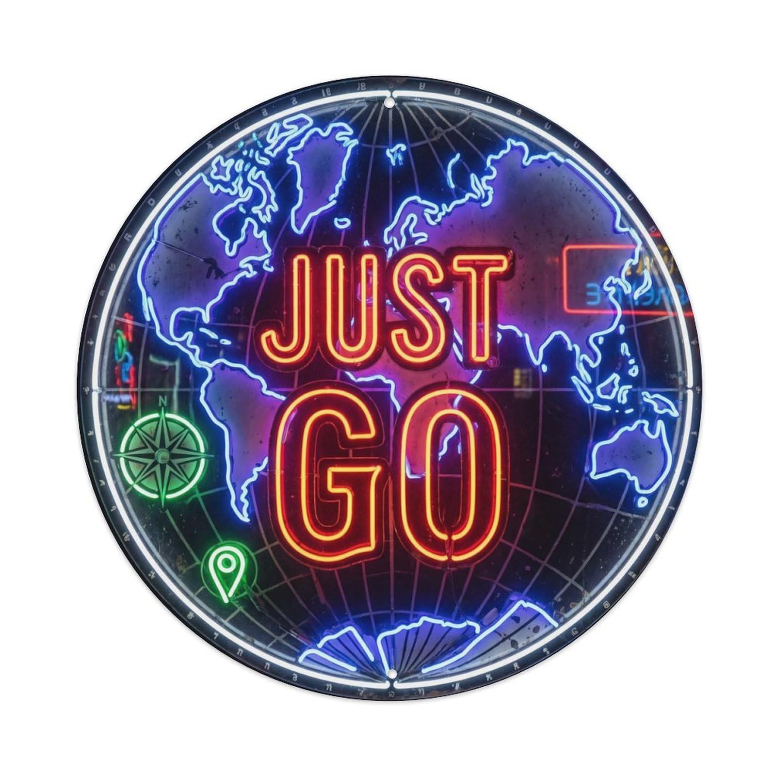Vintage World Map with Compass Just Go Neon Glow Metal Tin Sign