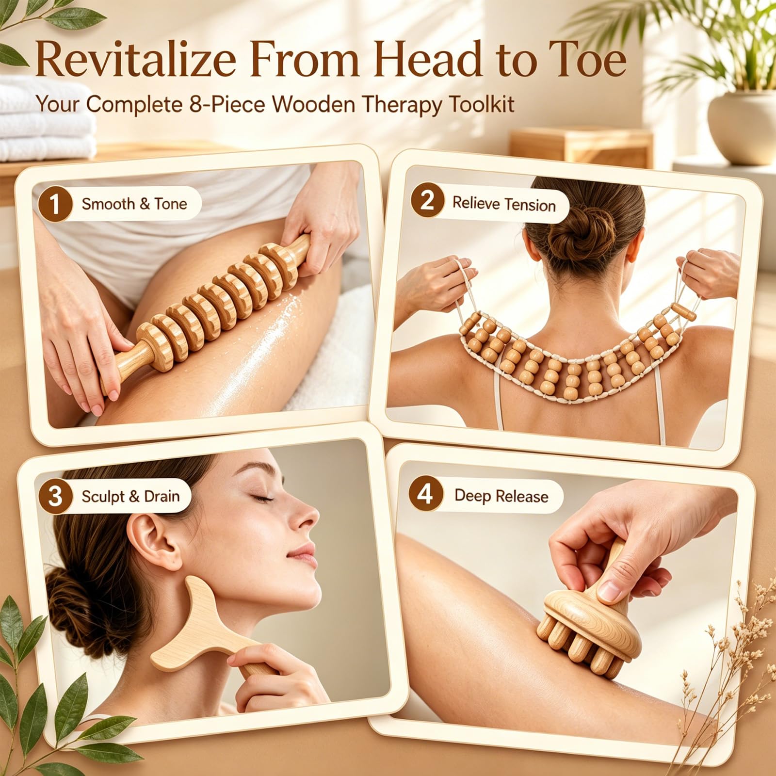 Set di massaggio in legno 8 in 1, massaggiatore anticellulite, asta per il drenaggio linfatico, rullo massaggiante per gambe, schiena, collo, strumento di tonificazione del corpo, regalo benessere