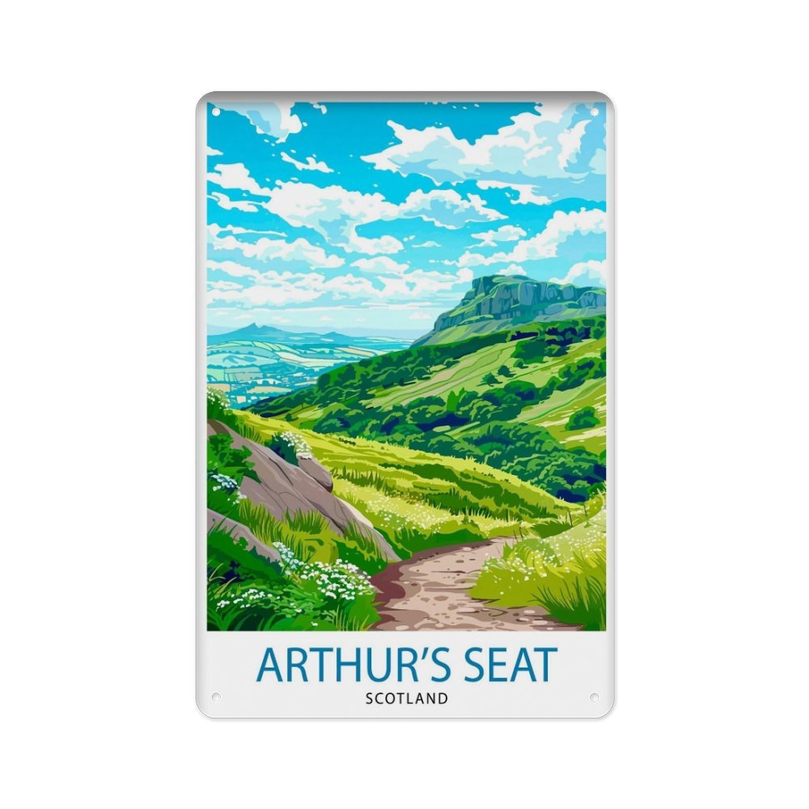 peiyeety Metal Tin Sign King Arthur's Throne Scottish Travel Poster Edinburgh Emblem Art Scottish Highlands Landscape Painting Wall Decor Ancient Volcano 8 X 12 Inch