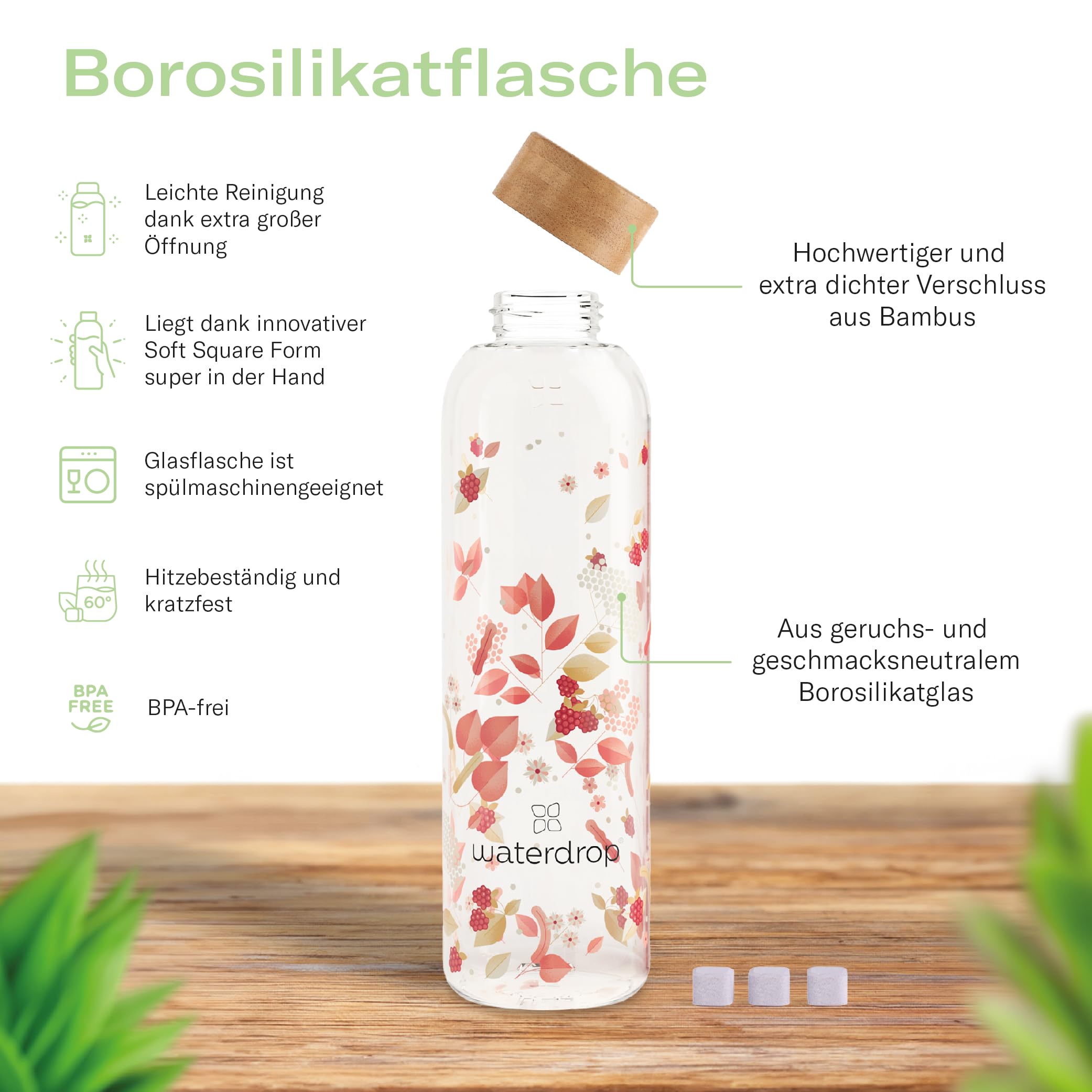 waterdrop Starter Set Glass mit Glass Bottle + 18 Microdrinks zum Auflsen  in 6 fruchtigen Sorten  Probierpaket mit 600ml Glasflasche auslaufsicher  Kohlensure geeignet + Getrnkepulver zuckerfrei : Amazon.de: Sport &  Freizeit