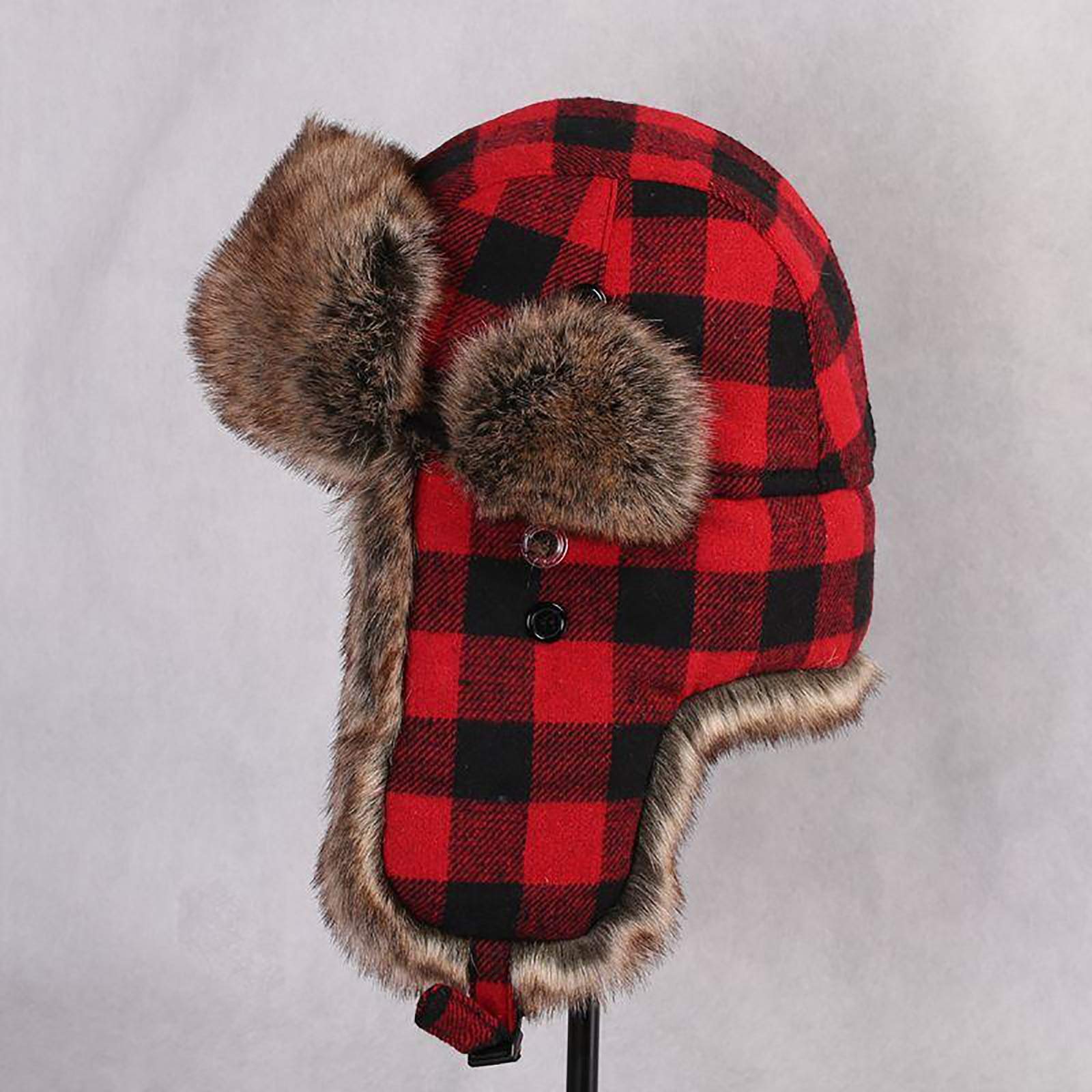 Cappelli Invernali, Cappello Unisex in Lana a Quadri Cappello con paraorecchie in Pelliccia Sintetica Cappello Invernale all'aperto Sci Neve Caldo Spesso Foderato(Red-62cm)