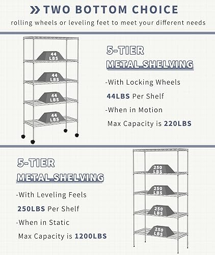 Miniatura 5 de Estantes de alambre de 5 niveles de 61 pulgadas de alto x 30 x 14 pulgadas, estantes de almacenamiento de metal, estante de alambre ajustable con