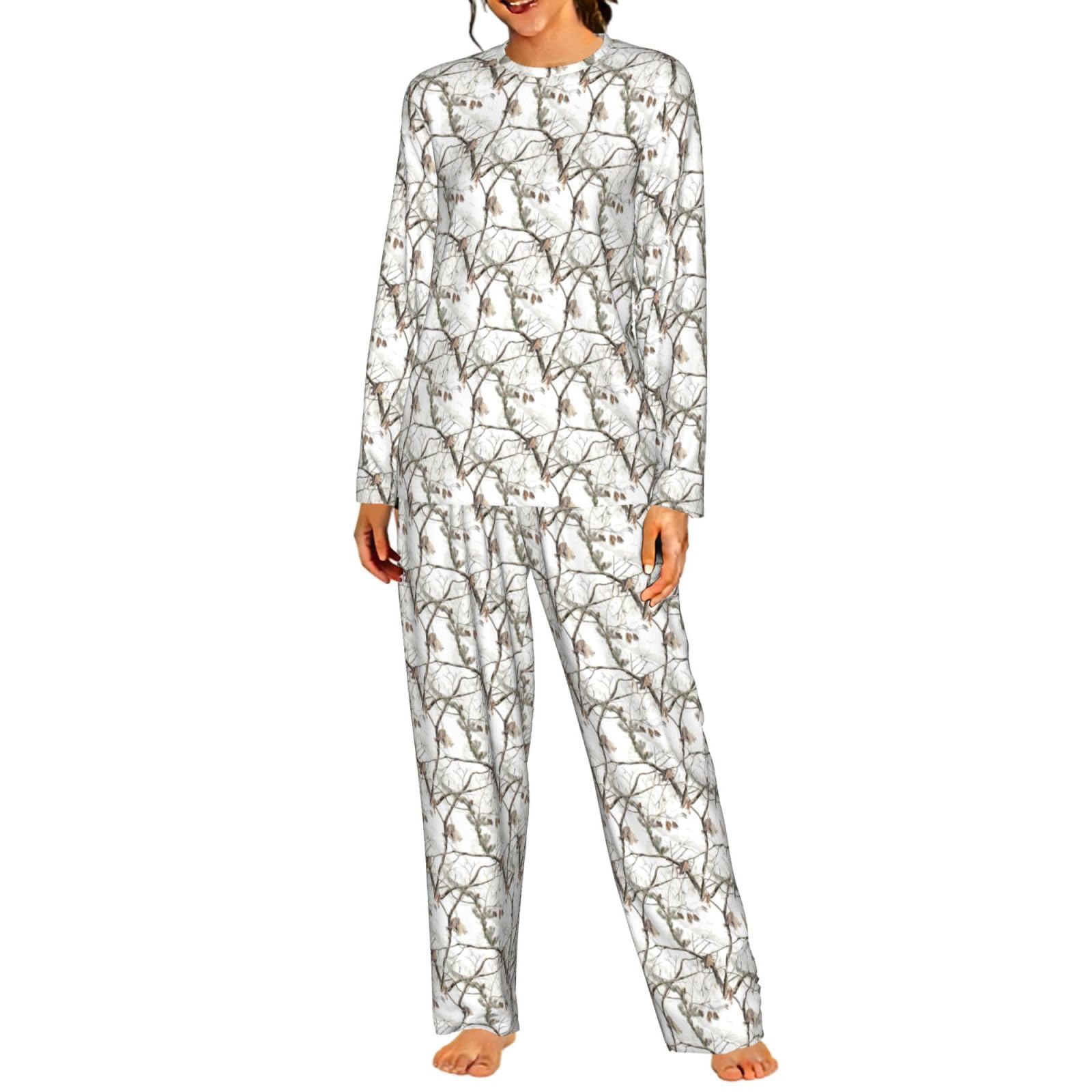 White Trees - Pigiama da donna con stampa mimetica, a maniche lunghe, morbido, elastico, con coulisse, abbigliamento casual