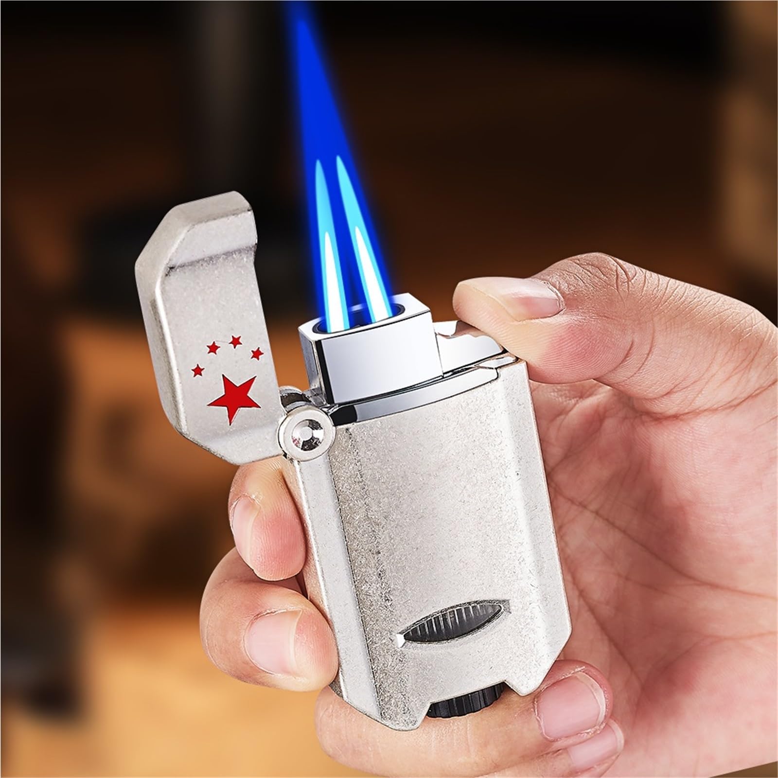 Briquet torche, double jet de flamme, gaz butane rechargeable, flamme réglable, parfait pour le camping, les barbecues et les besoins d'éclairage (carburant non inclus)