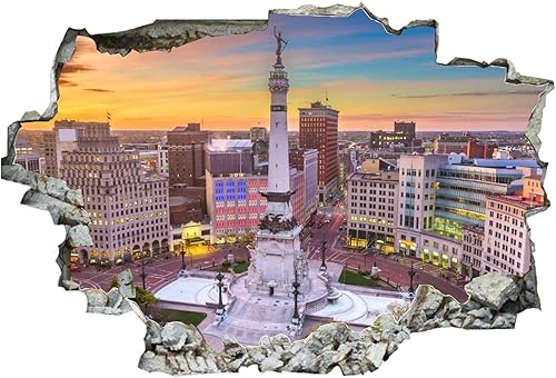 Miniatura 2 de Calcomanías de pared rotas 3D Indianápolis, Indiana, Estados Unidos, centro de la ciudad y círculo de monumentos, 36 x 24 pulgadas, vinilo de pared