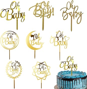 Oh Baby Cake Toppers Welcome Party Cake Decoration Boho Rustic Gold Acrylic Cupcake Picks 8Pcs for Baby Shower Gender Reveal Birthday Party Supplies