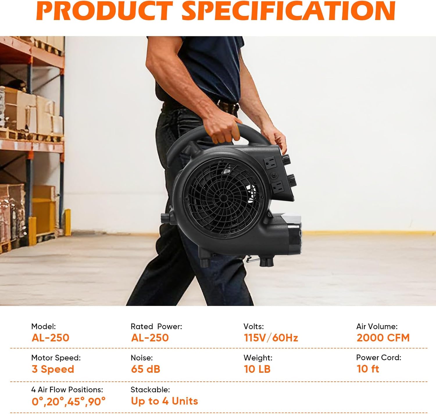 JVO 1/3HP Air Mover Blower Fan, 2000CFM High Velocity Floor Fan with 3-Speed, 180Min Timer, 10FT Power Cord, 10LBS Lightweight & Stackable Design for Carpet Drying, Home, Commercial Ventilation