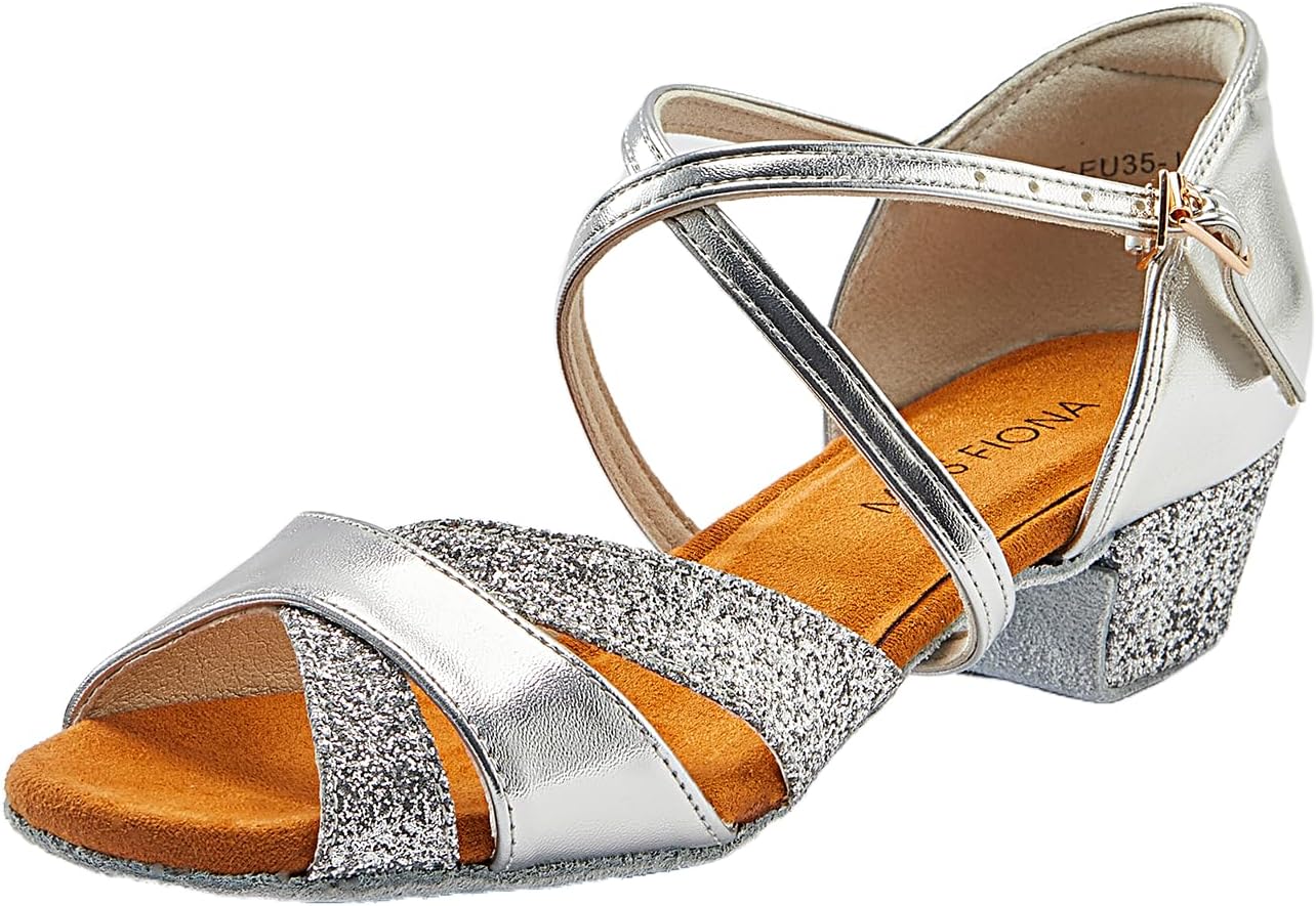 missfiona Girls Ballroom Dance Shoes Glitter Latin Salsa Shoes for Kids 3.5cm Low Heels