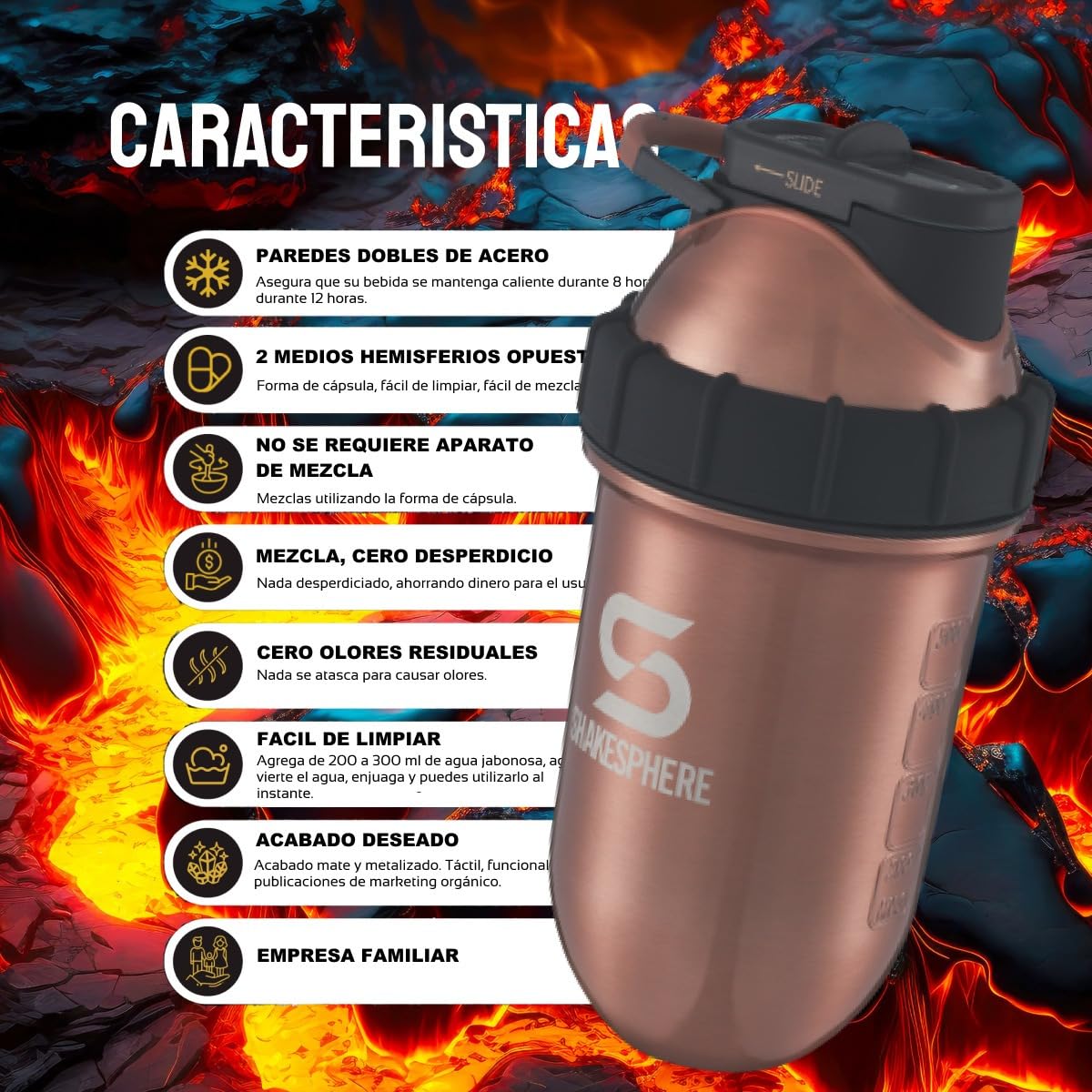 SHAKESPHERE Shaker aus Edelstahl: Protein-Shaker-Flasche hält heiße Getränke heiß und kalte Getränke kalt, 700 ml, kein Mischball oder Quirl erforderlich, ideal für Shakes, Smoothies (kupfer-matt)