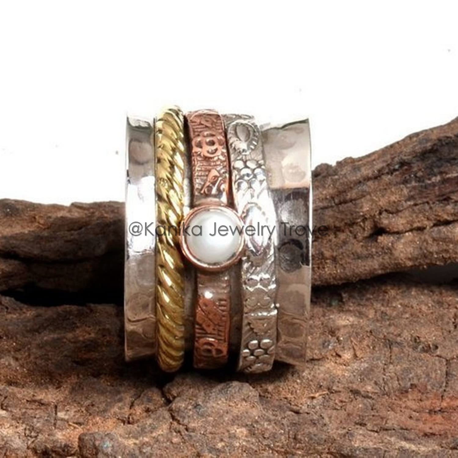 Spinner-Ring mit gehämmerter Blumenstruktur für Damen und Herren, Spinner-Band-Ring mit Süßwasser-Zuchtperlen, 925er Sterlingsilber, Spinner-Ring für Damen (Perle, Größe 7)