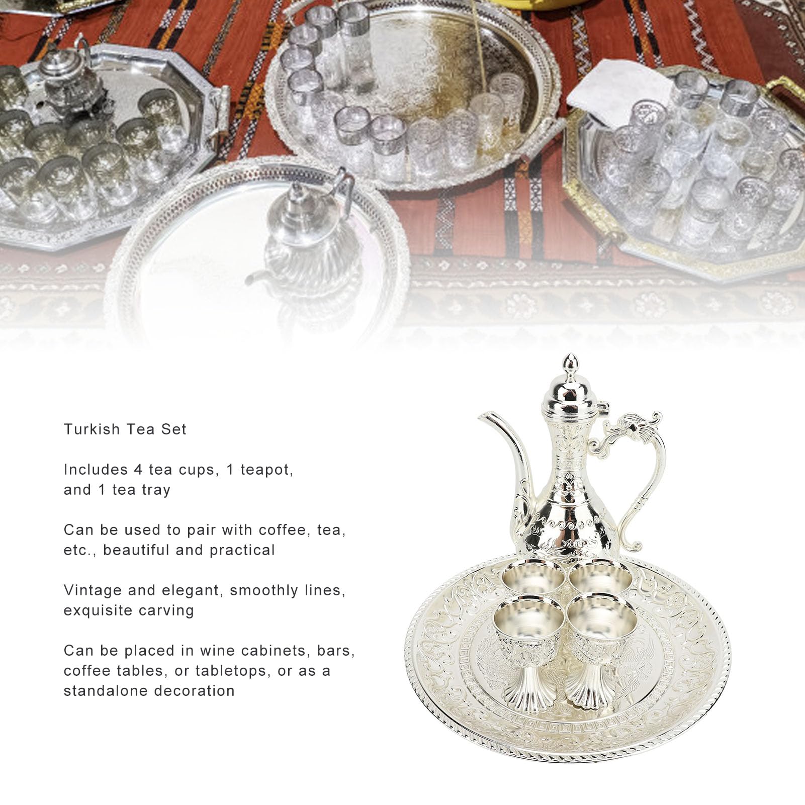 Vintage Turkish Coffee Pot and Cups Set, Teapot Tea Service Set Including 4 Metal Cups and Tea Tray for Tea Table Decor Wedding Ornament, Exquisite Luxurious Metal Teapot (Silver)