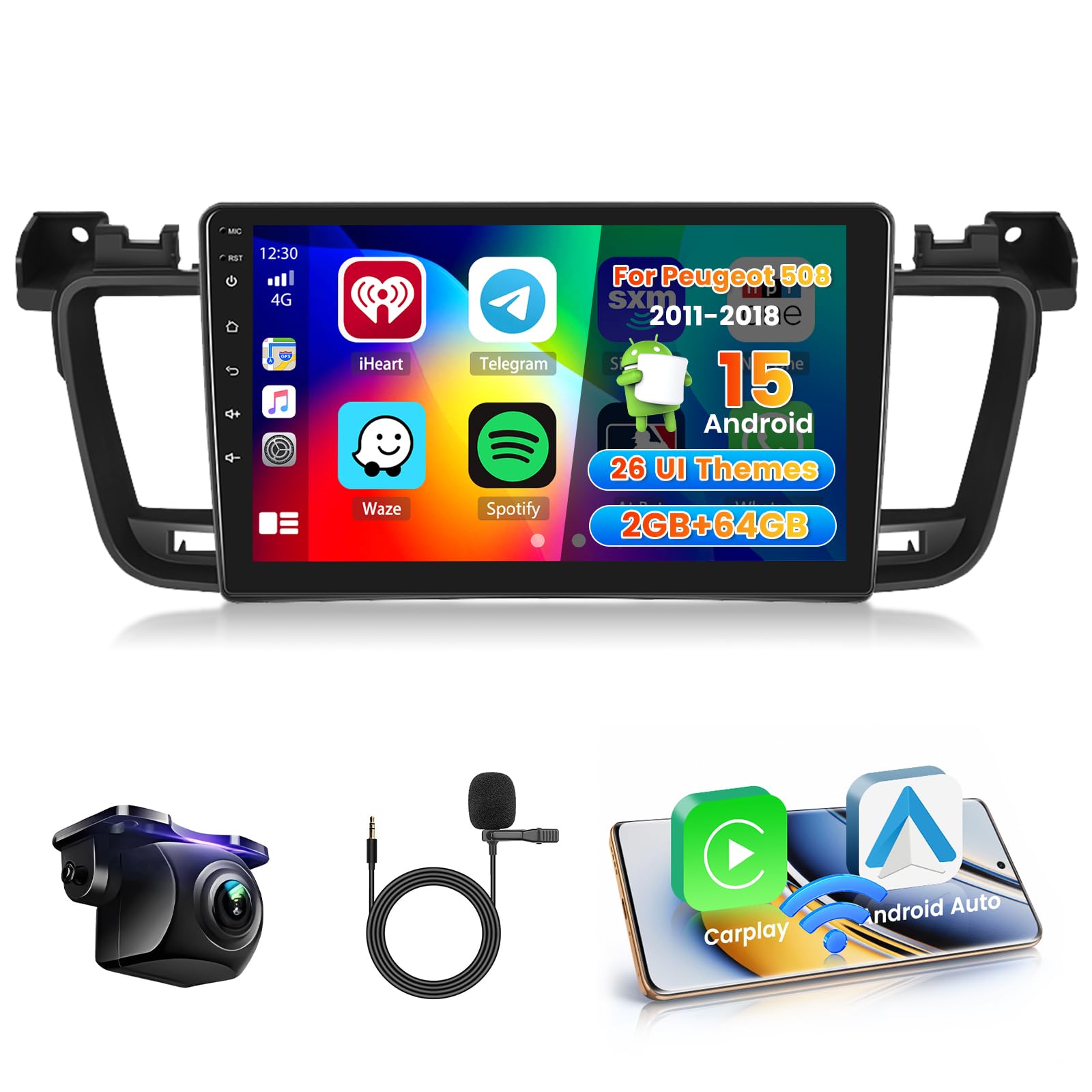 Roinvou 2+64G Schermo Radio per Peugeot 508 2011-2018 Wireless CarPlay Android Auto, Android Autoradio 9 Pollici Stereo Auto con Wi-Fi GPS Bluetooth EQ FM/RDS SWC Telecamera Posteriore