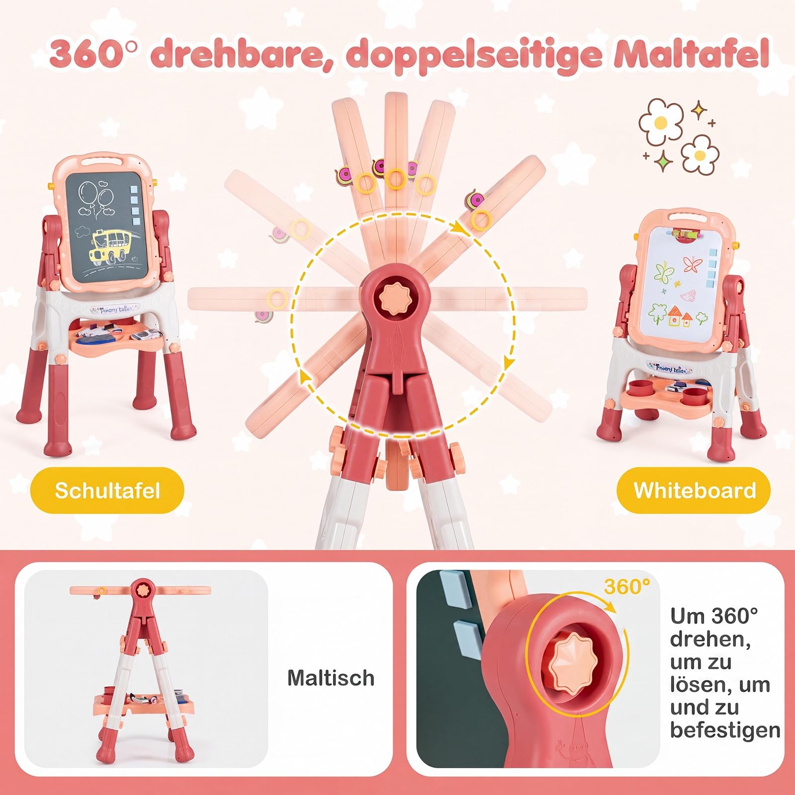 COSTWAY 4-in-1 Kindertafel, Doppelseitige Kinderstaffelei (Pfirsichrosa)