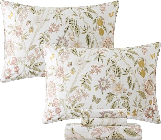 FADFAY Queen Size Sheets 100% Cotton Botanical Floral Bed Sheet Leaves Sunflower Printed Farmhouse Bedding Lemon Butterfly Patterned Deep Pocket Flower Sheets Luxury 600 TC Soft Breathable 4 Pcs