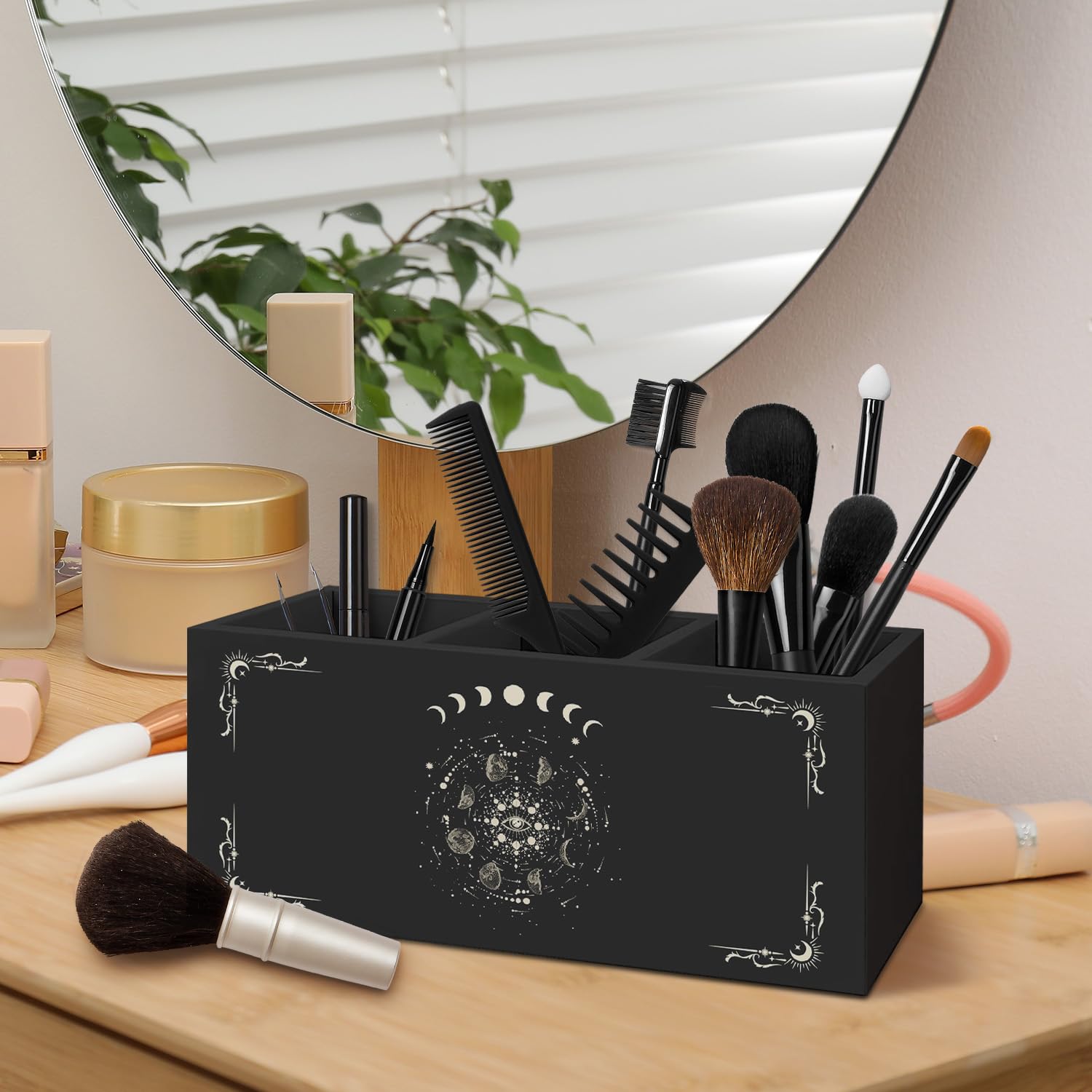 Portalápices de madera gótica para decoración de oficina, color negro, para accesorios de escritorio, gótico oscuro, bruja, estético, de madera, para brochas de maquillaje, cepillo de dientes