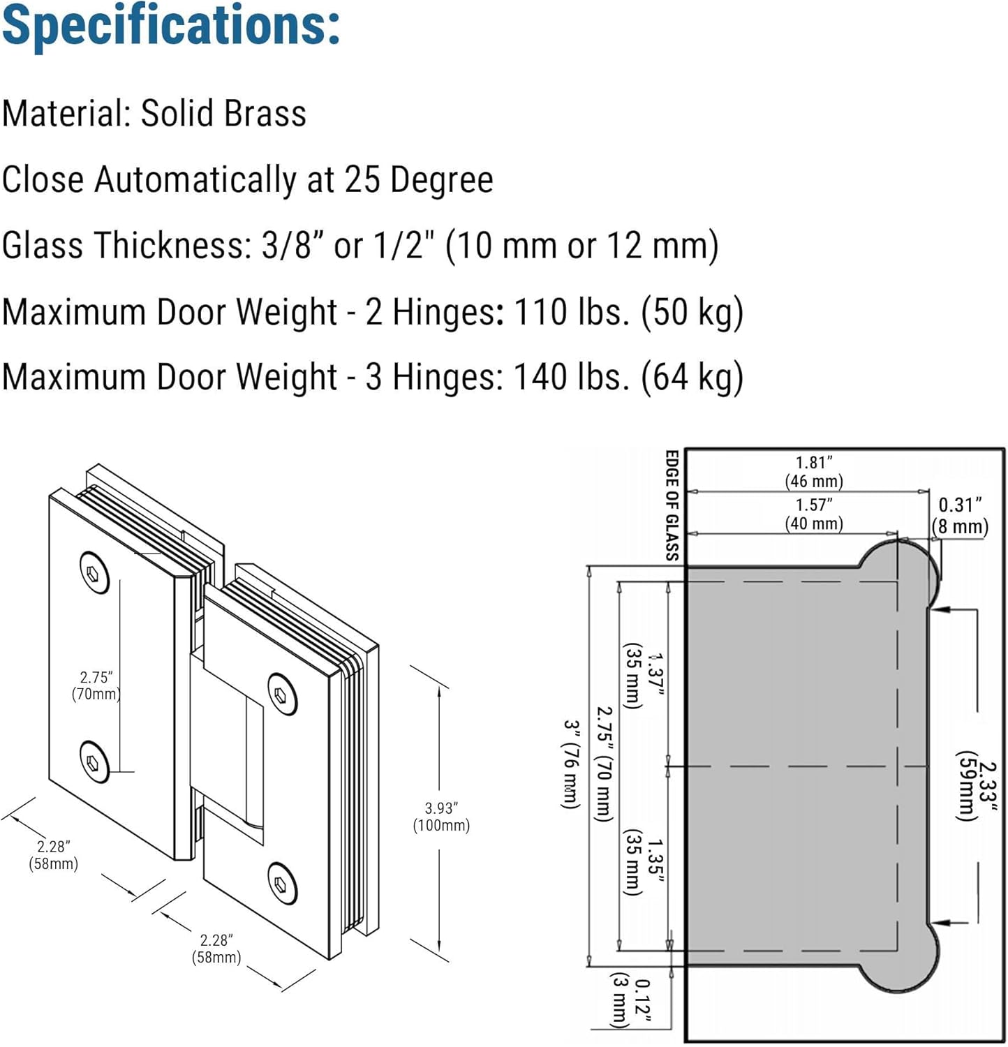 100 mm Brass Glass Shower Door Hinges, 180 Degree Heavy Duty Matte Black Glass Door Hinge for Bathroom, 1 PCS Brass Shower Door Hinges for 3/8" to 1/2" Frameless Shower Door