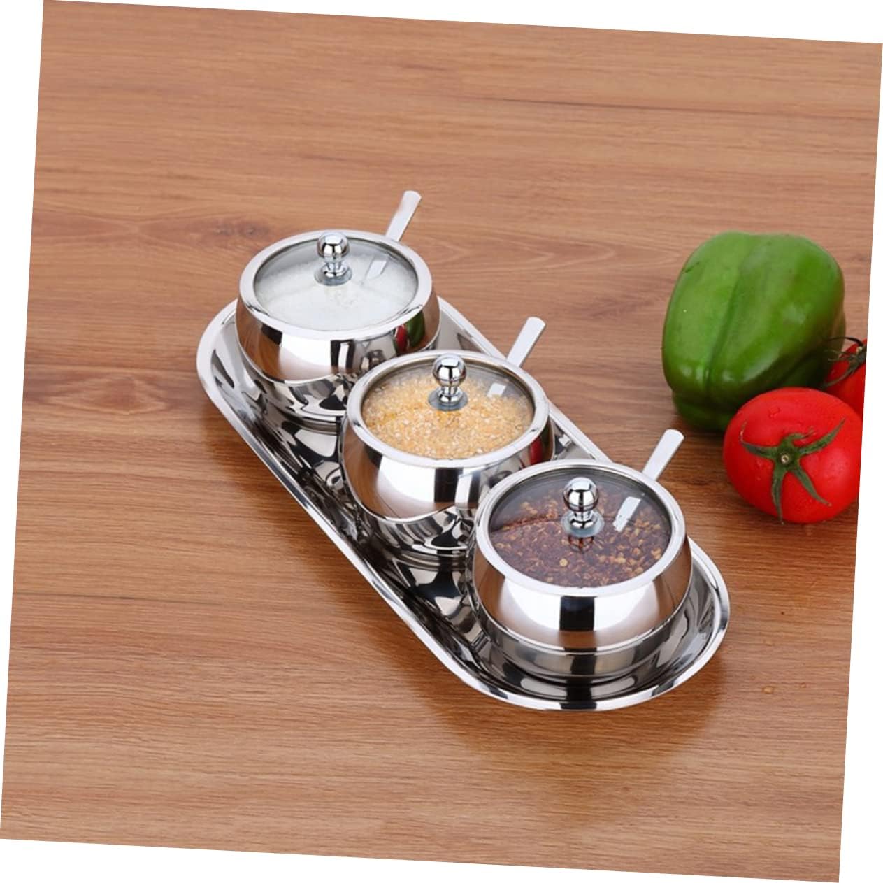 Cabilock Small Stainless Steel Spice Jar with Spoon and Transparent Glass Lid Acid-resistant Ingredient Bowl for Kitchen Condiment Storage Easy-clean Removable Screw Design Serving Pot for Seasoning