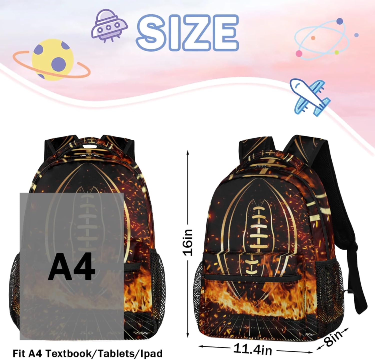Kids Backpack for Boys - Elementary Middle School Bag Student Bookbag for Girls Teens - Casual Daypack Travel Laptop Backpacks(Fire Football)