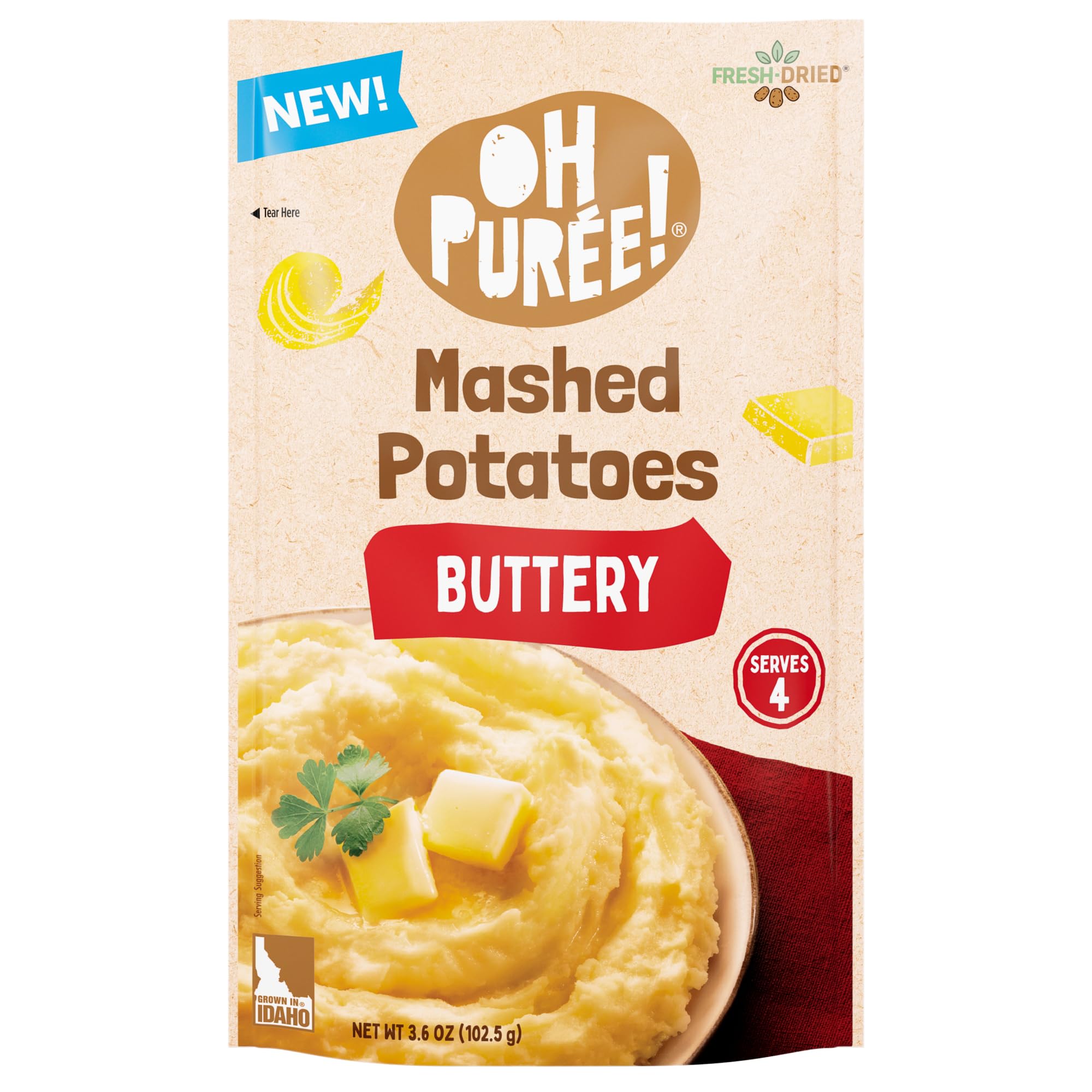 OH PURÉE! Buttery Mashed Potatoes, 3.6oz, Gluten Free; Dairy Kosher; Vegetarian; No Artificial Flavors; No Artificial Colors; Made with 100% REAL Idaho Potatoes