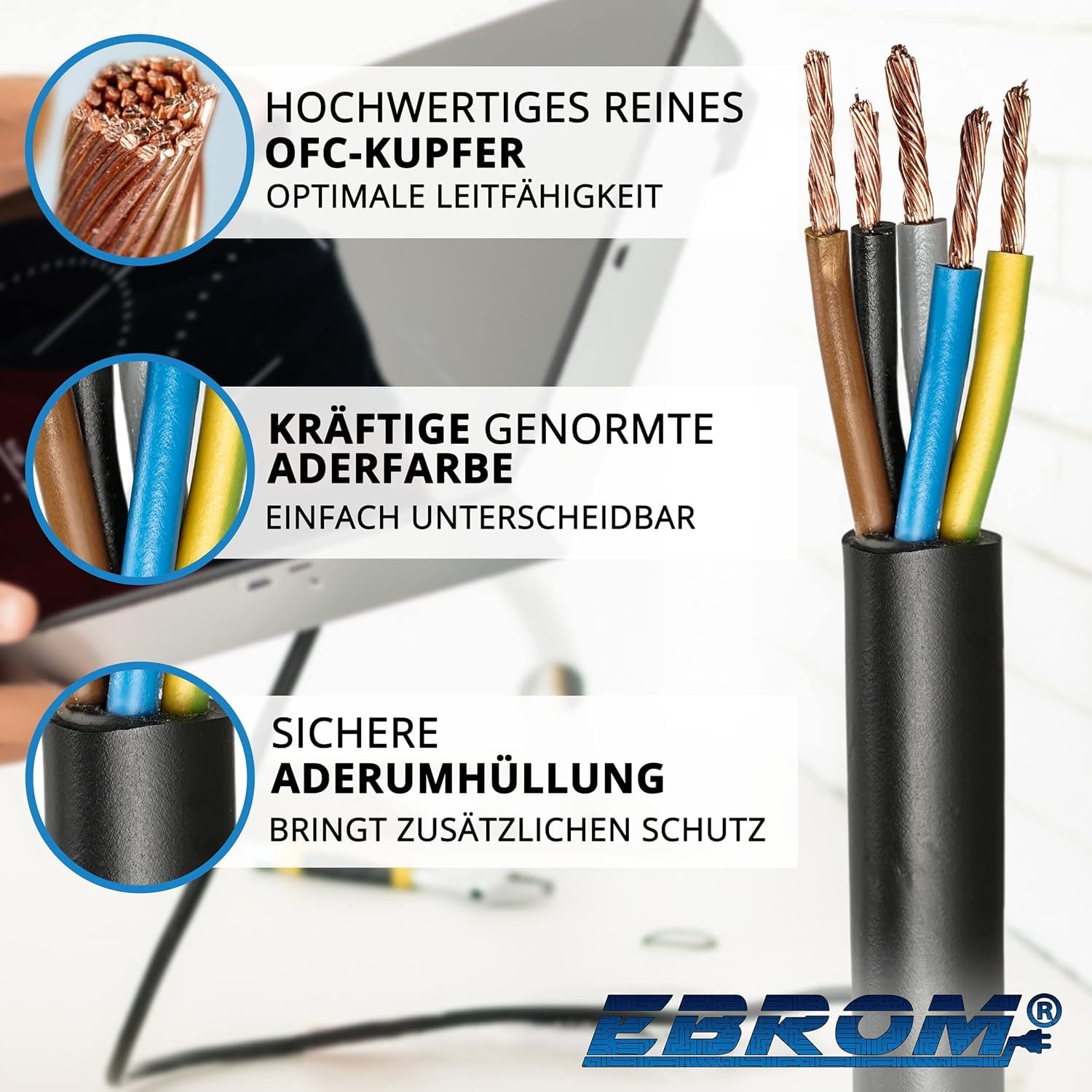 EBROM - H05VV-F 5x2,5 mm² PVC Schlauchleitung, SCHWARZ Gerätekabel 25 Meter | Flexible Herdanschlussleitung RUND 5x2,5 mm2, 5-adrig, z.B. für Herdanschluss, Drehstromgeräte oder Heizgeräte