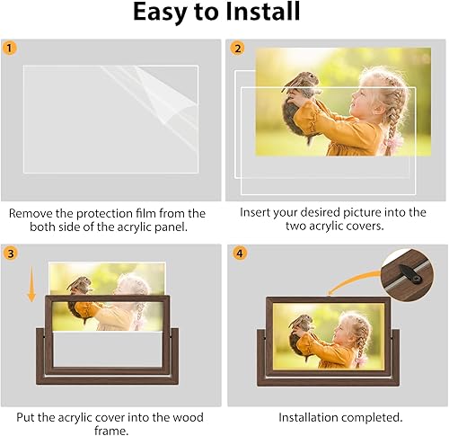 Miniatura 5 de Mixoo Marco de fotos giratorio de 4 x 6 pulgadas, marcos de fotos de madera de 4 x 6 pulgadas, marco flotante rústico de doble cara para mesa,