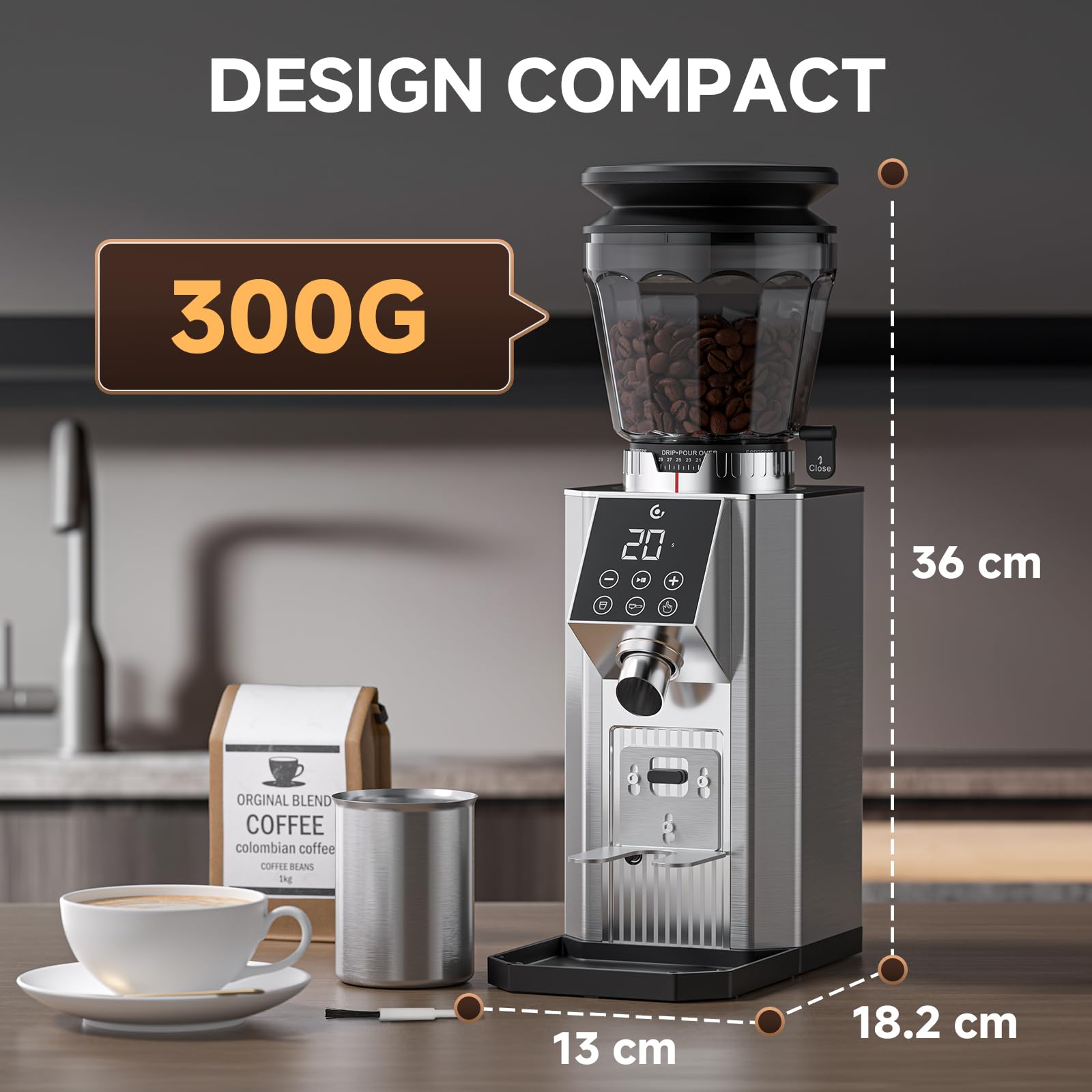 AMZCHEF Moulin à Café Électrique,45 Niveaux de Mouture, Meules Coniques en Acier Inoxydable 40mm, Corps en Acier, Support de Porte-filtre Réglable, Panneau de Contrôle Tactile LED