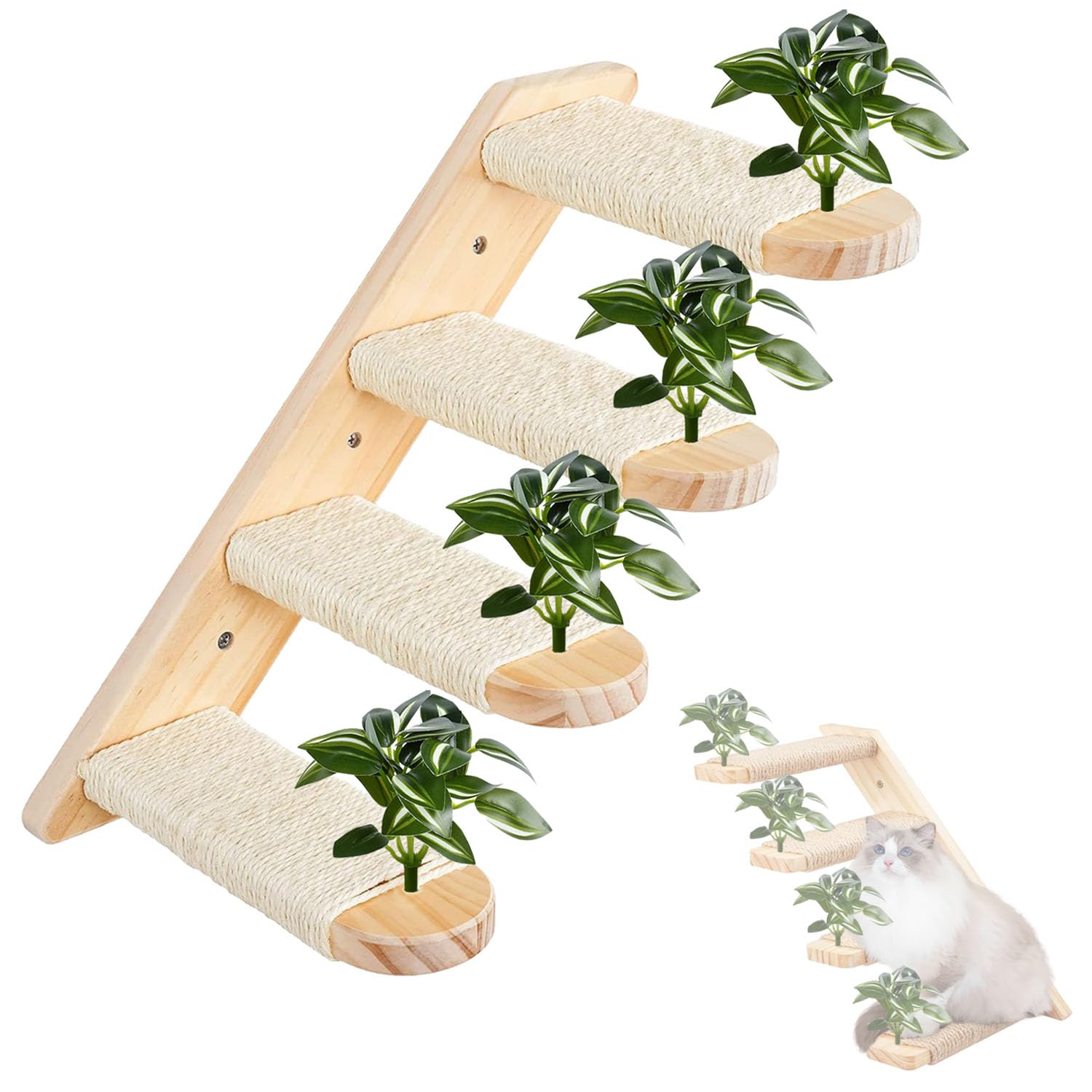OPDUO Wall Mounted Cat Climbing Shelf with Sisal Stairs | Reversible 4-Step Cat Wall Furniture for Indoor Cats | Space Saving & Furniture Protection | Nature Leaf Decor (40 x 22 cm)