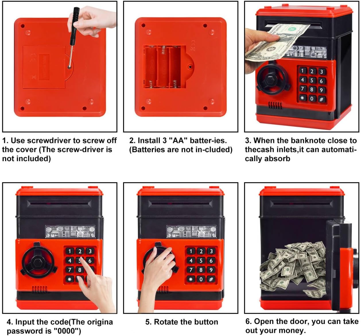 Cartoon Electronic Password Mini ATM Piggy Bank Cash Coin Can Auto Scroll Paper Money Saving Box, for Children Kids (Black/red) image 5