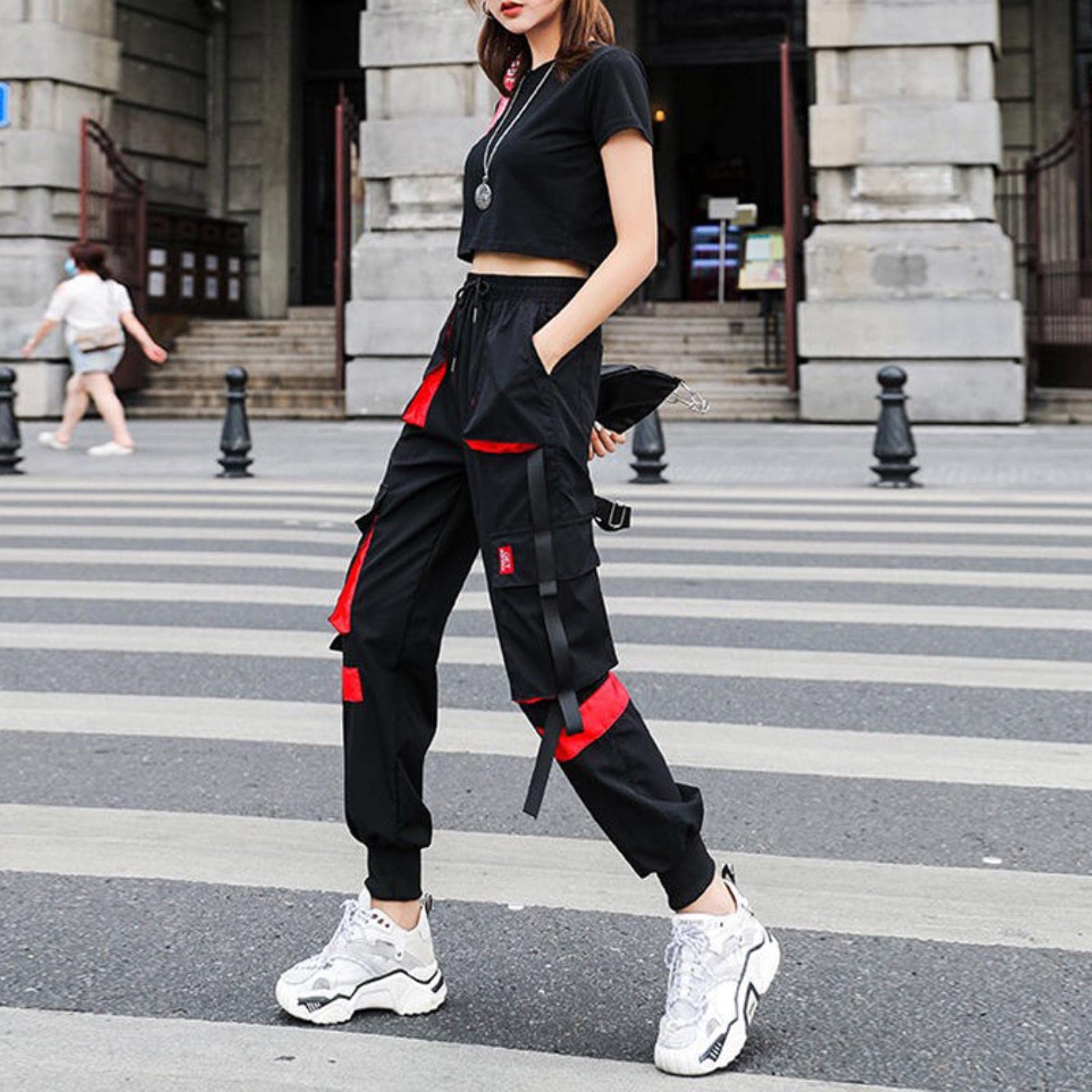 ZXCK Harajuku Cargo Pants Women Black Plus Size High Waist