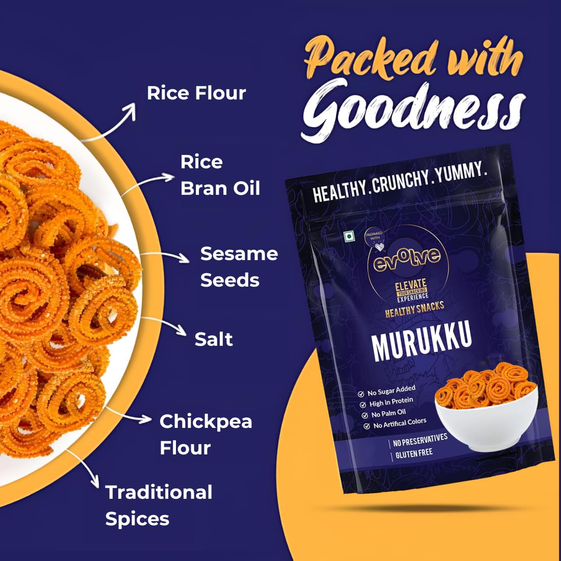 Evolve Murukku Chakli Snacks, Gluten Free, No Palm Oil, Fresh, Organic, Vacuum Fried | Crispy Guilt Free Tea and Evening Indian Snack - 100g Pack of 2 1