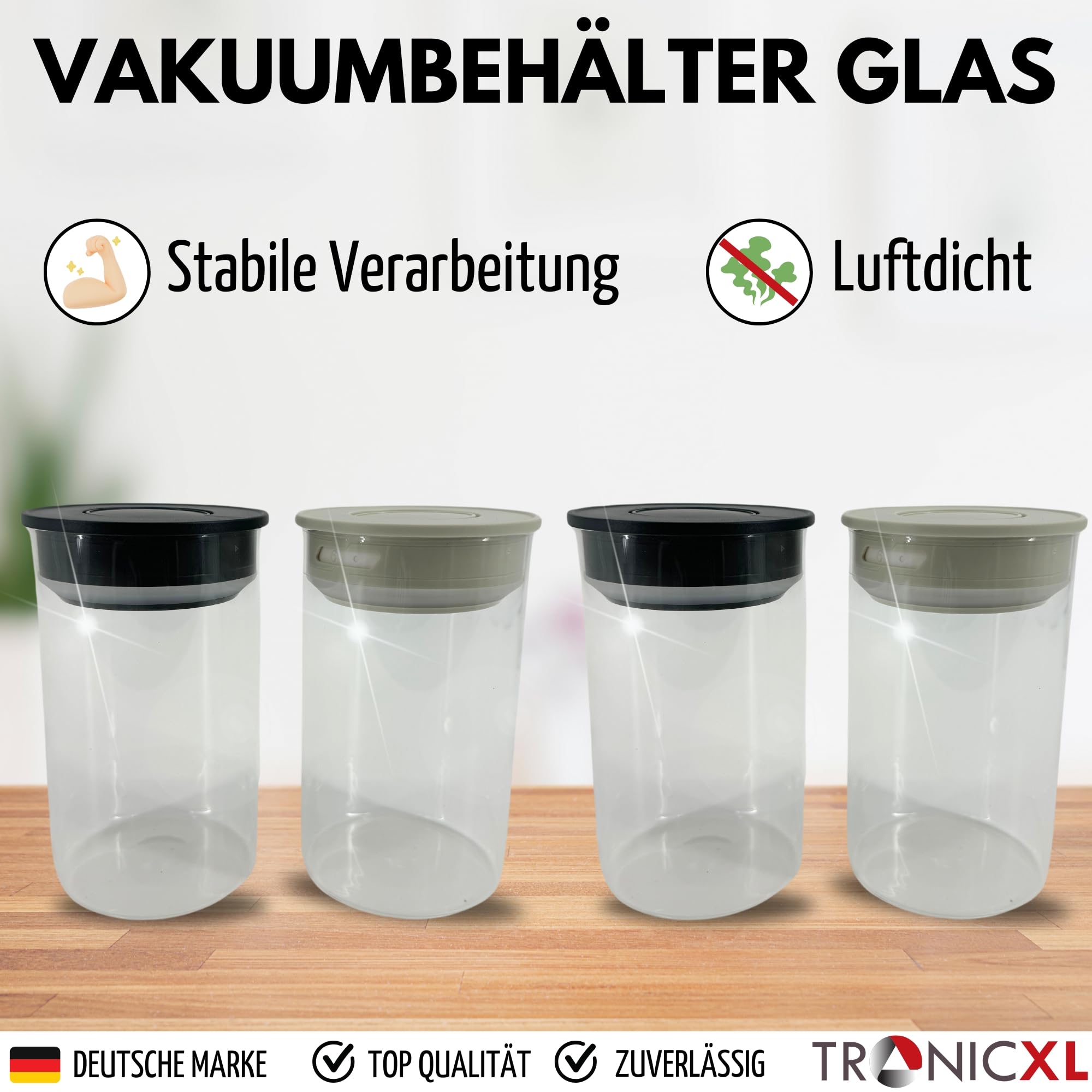 TronicXL Juego de 4 tarros de cristal de borosilicato al vacío, 1000 ml, herméticos, con tapa con cierre al vacío, para cocina, hogar, alimentos