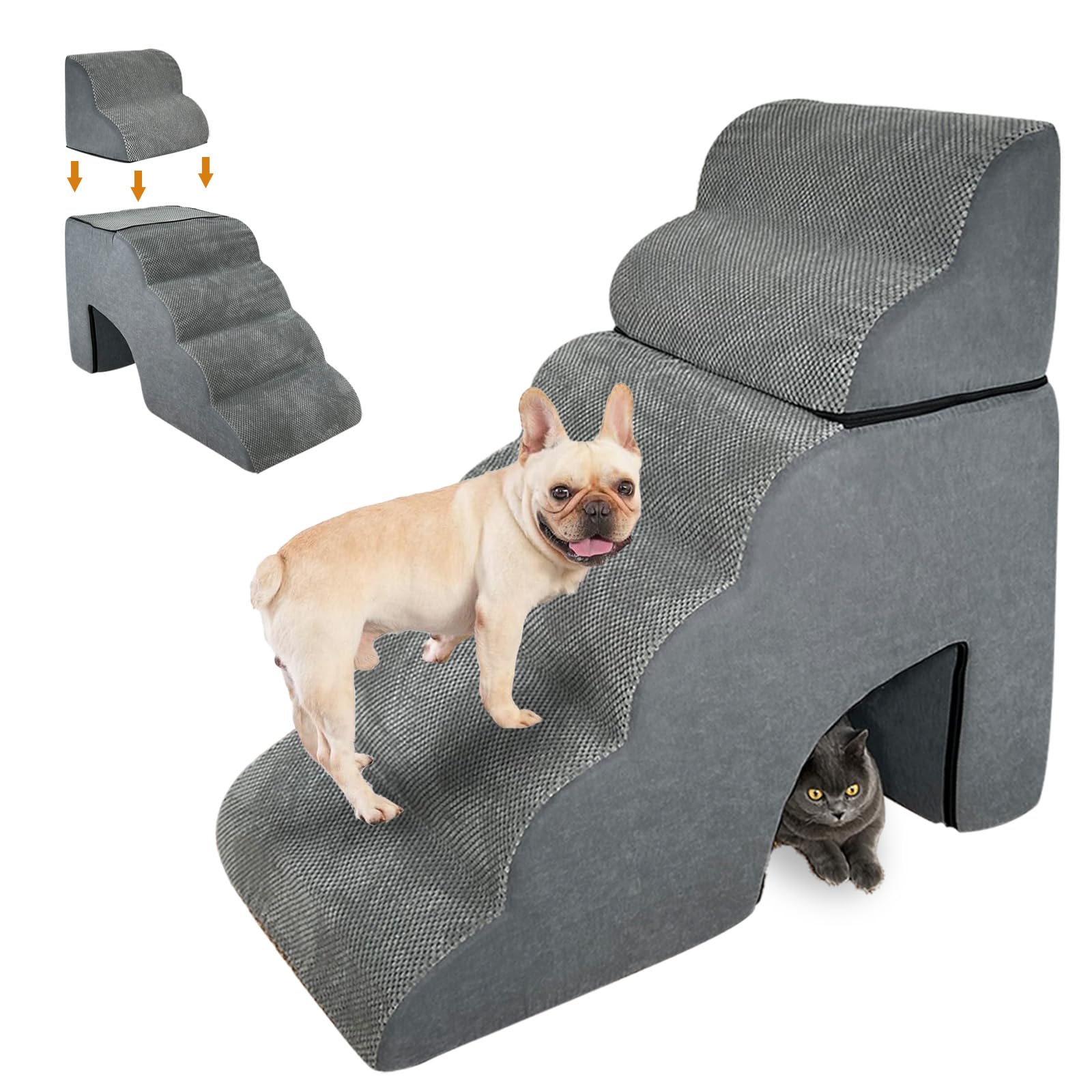 5-stufige Gebogene Hundetreppe Für Betten Bis 76 Cm – Rutschfeste Schaumstoff-Rampe