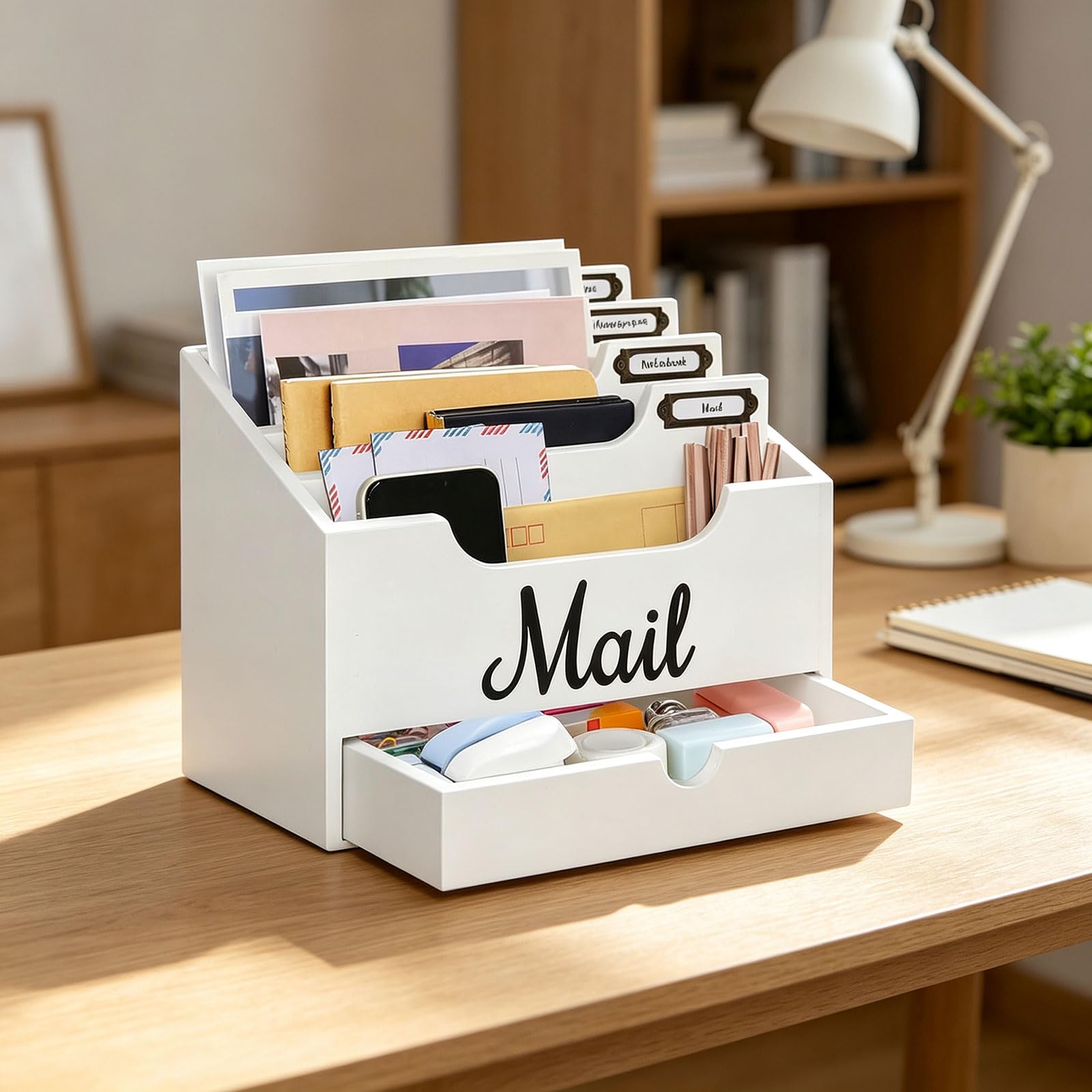 Organizer da scrivania in legno con cassetto, smistatore posta a più livelli per lettere, penne, quaderni, portaoggetti per scrivania per studio in casa Organizer da scrivania in legno smistatore