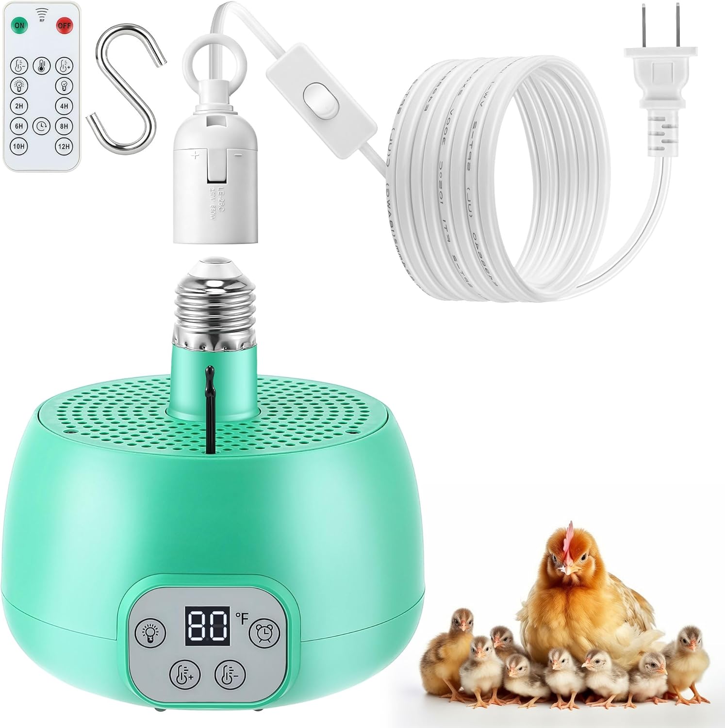 1 Pack Chicken Coop Heater with Remote Control, Timing Chicken Heat Lamp, Smart Temperature Control Chick Brooder Heater, 5 ft Ultra Long Cable Reptile Heating Lamp for Chicks Duck Dog Pet