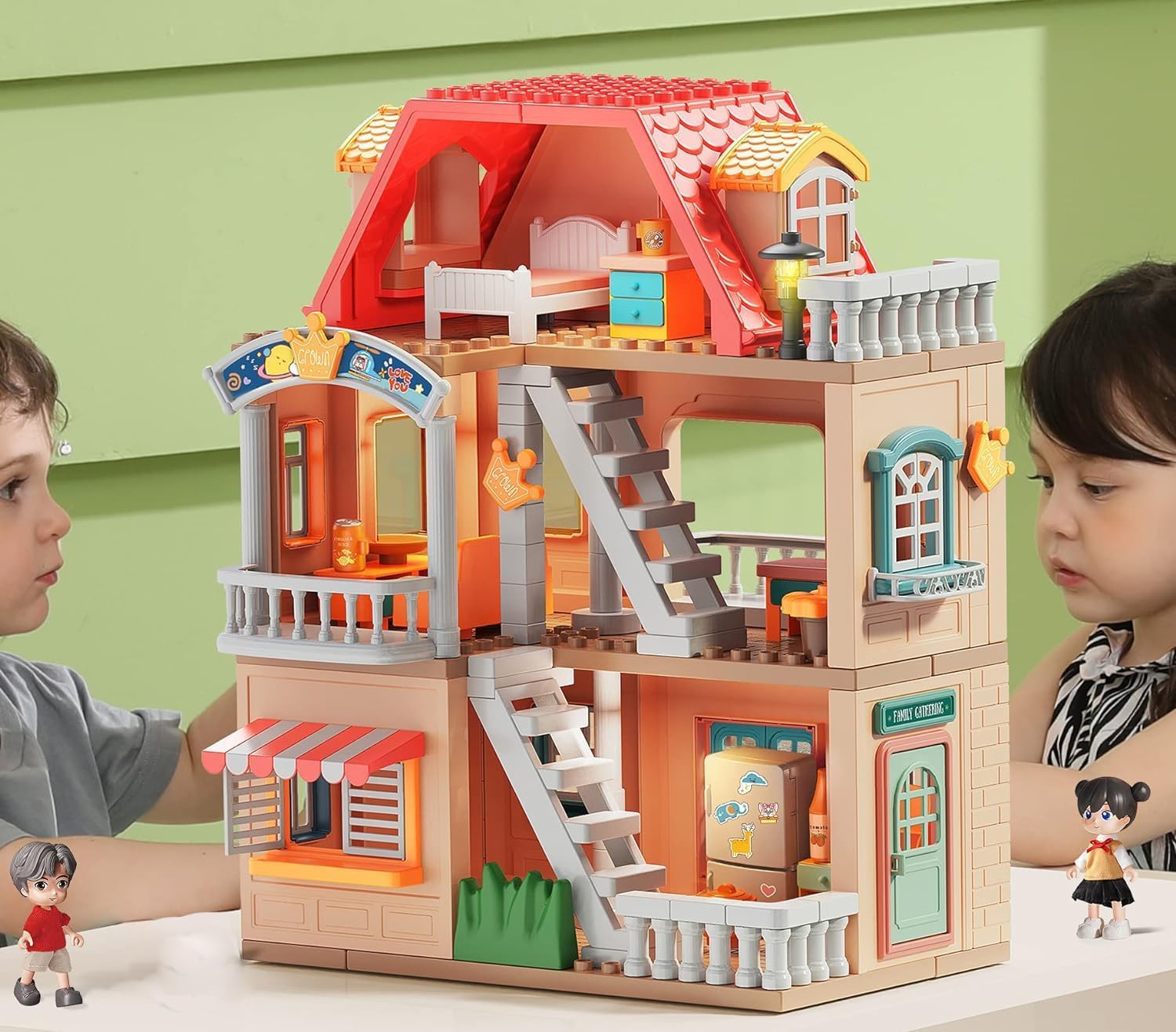 Dream Doll House, Diy Playhouse, Children's Toy House, Girl Princess Castle Villa, 3-Story Dollhouse, with LED Lights Furniture Accessories, Dolls, Birthday Gift, Creative Gifts for Girls Boys