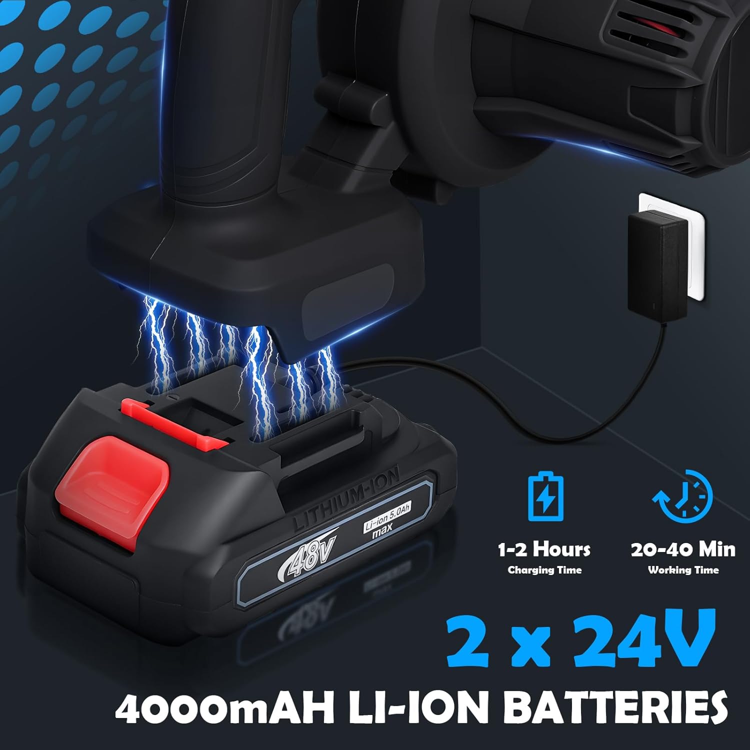 Leaf Blower Cordless with 2 x 24V 2.0Ah Battery and Charger, 150CFM 130MPH Electric 2 in 1 Handle Battery Powered Blowers for Lawn Care, Patio, Dust, Black