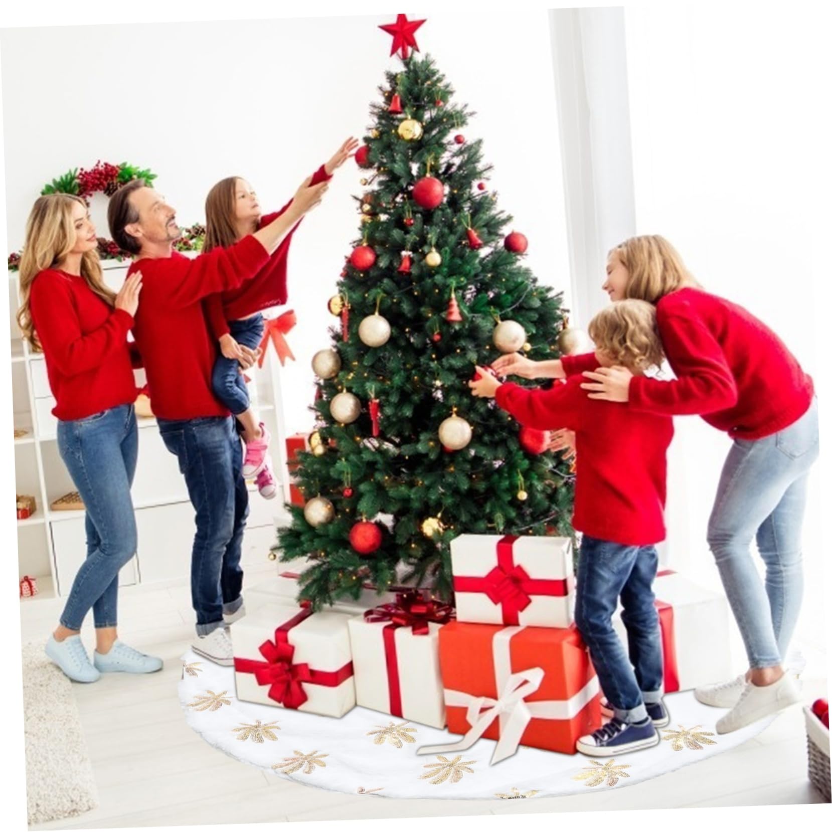 ULTECHNOVO Goldene Weihnachtsbaumdecke aus Strumpfplüschtuch mit Stickerei Christbaum Fußabdeckung für Weihnachtsdeko im Innenbereich