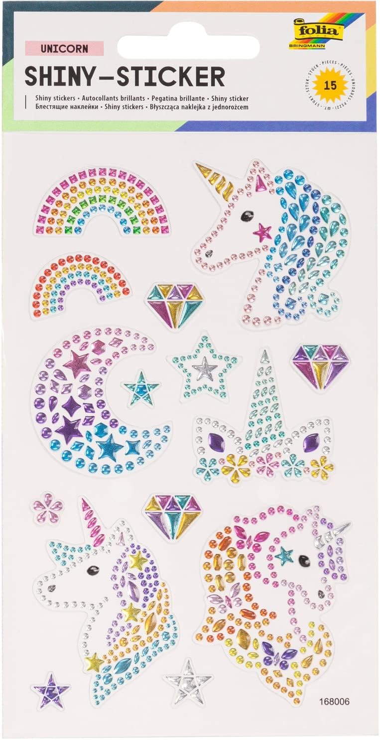 folia 18301 Shiny Unicorn Stickers, 15 Stickers, Made of Colourful Rhinestones, in Various Designs, Easy to Peel Off The Film