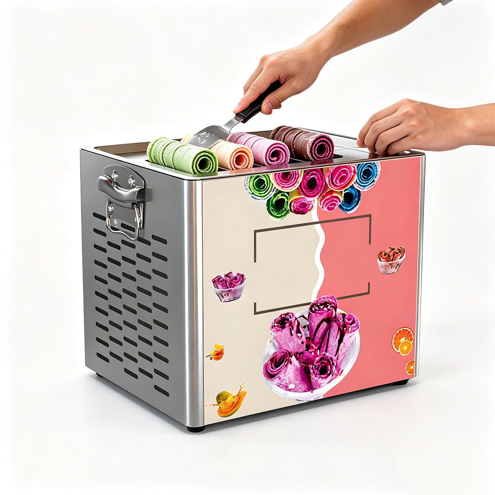 Beachtiful Commercial 300x240mm Single Pan Instant Roll Ice Cream Maker, 330W Stainless Steel with 2 Scrapers for Cafes & Dessert