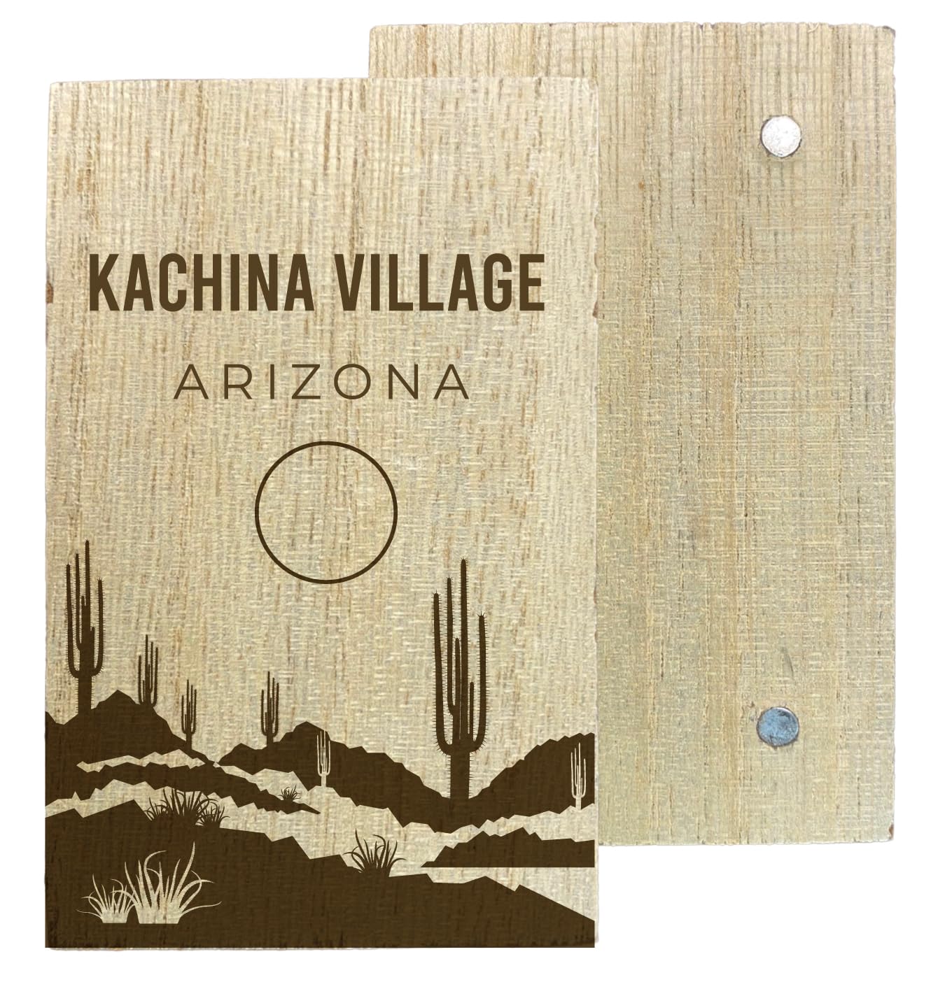 Kachina Village Arizona Souvenir 2" x 3" Engraved Wooden Fridge Magnet Cactus Desert Design Single