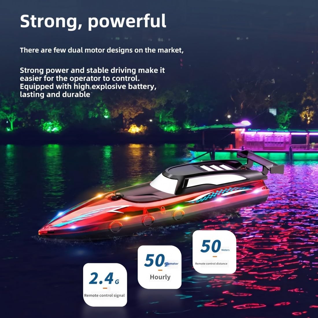Barco de carreras RC de 2,4 GHz, 50 km/h, juguete acuático rápido con iluminación (azul/4 baterías)