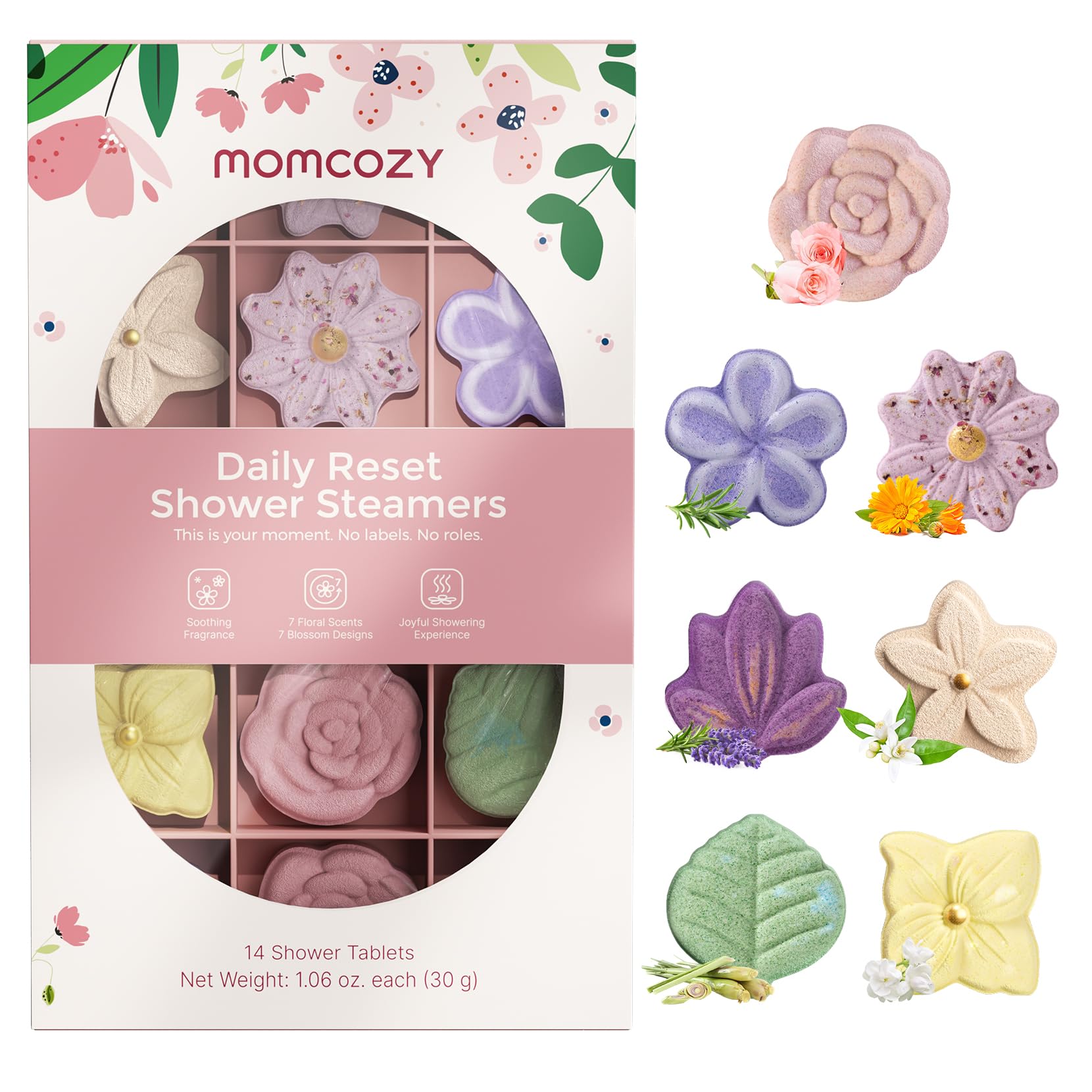 Momcozy Shower Steamer zestaw 14 sztuk z 7 kwiatowymi bombami pod prysznic dla kobiet, tabletki pod prysznic, relaks wellness w domu, idealny pomysł na prezent, prezent bożonarodzeniowy dla mamy