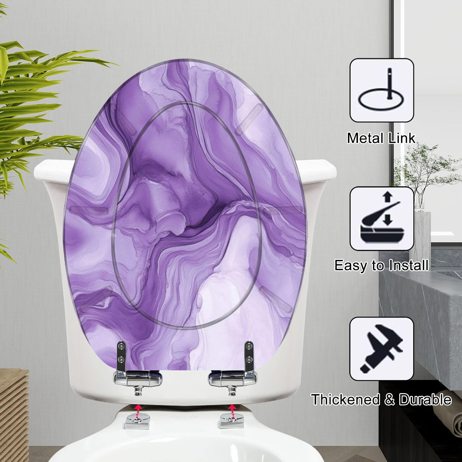 Asiento de inodoro de cierre suave, alargado, de resina, abstracto, morado, con efecto mármol líquido, rayas brillantes de acuarela, de fácil liberación y limpieza.